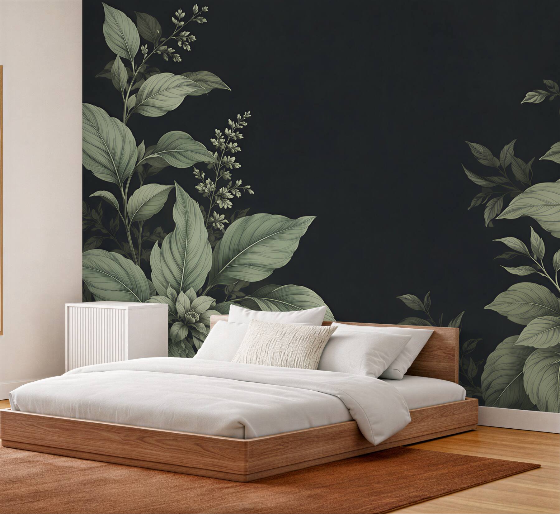 Fototapeta botaniczne liście i kwiaty na ciemnym tle elegancka