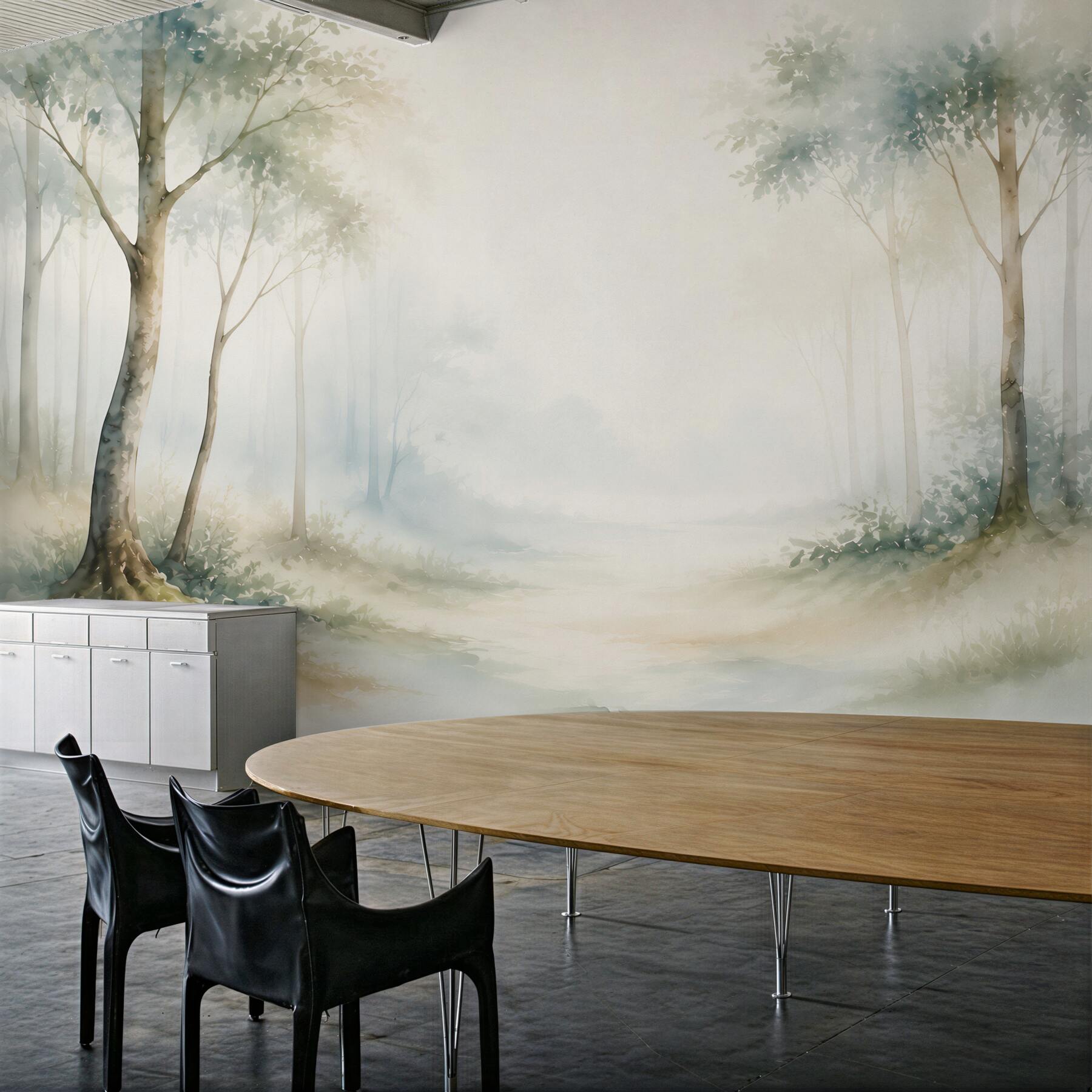 Fototapeta pastelowy las we mgle w błękitno beżowych tonach