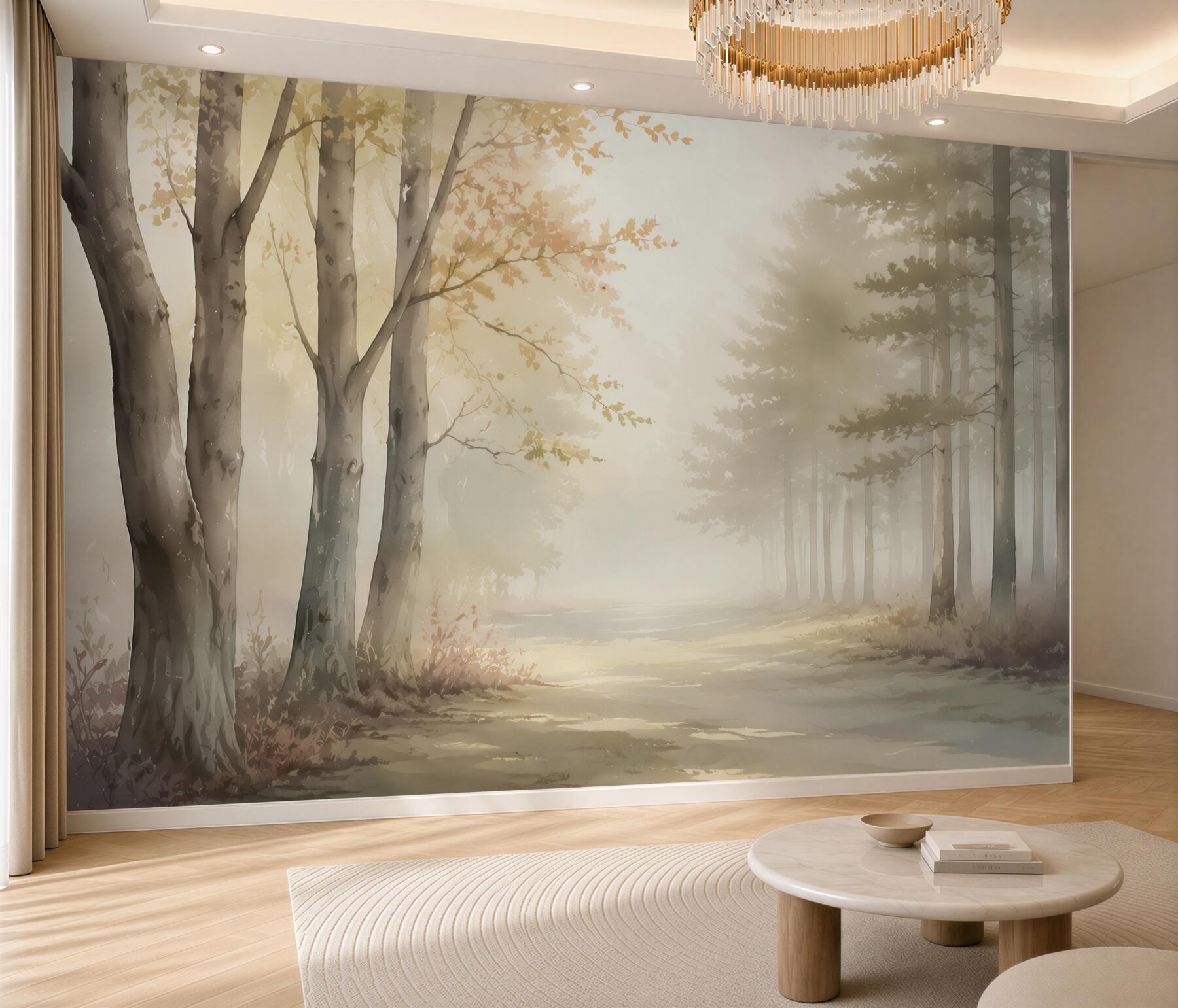 Fototapeta mglisty leśny poranek z promieniami słońca w beżowych tonach?v2345