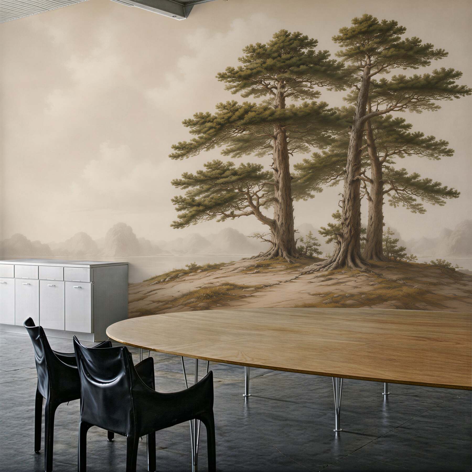Fototapeta sosny nad jeziorem we mgle spokojny pejzaż?v2345
