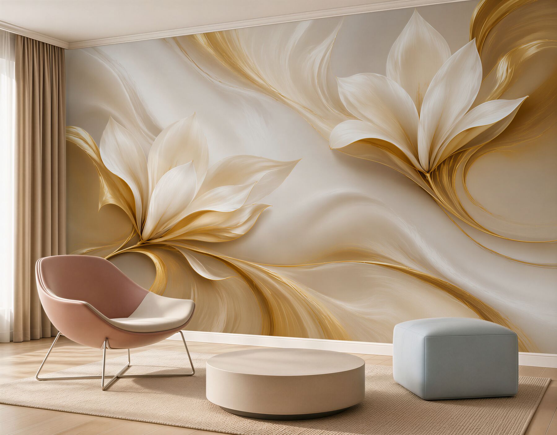 Fototapeta złote kwiaty magnolii 3D na kremowym tle elegancka?v2345