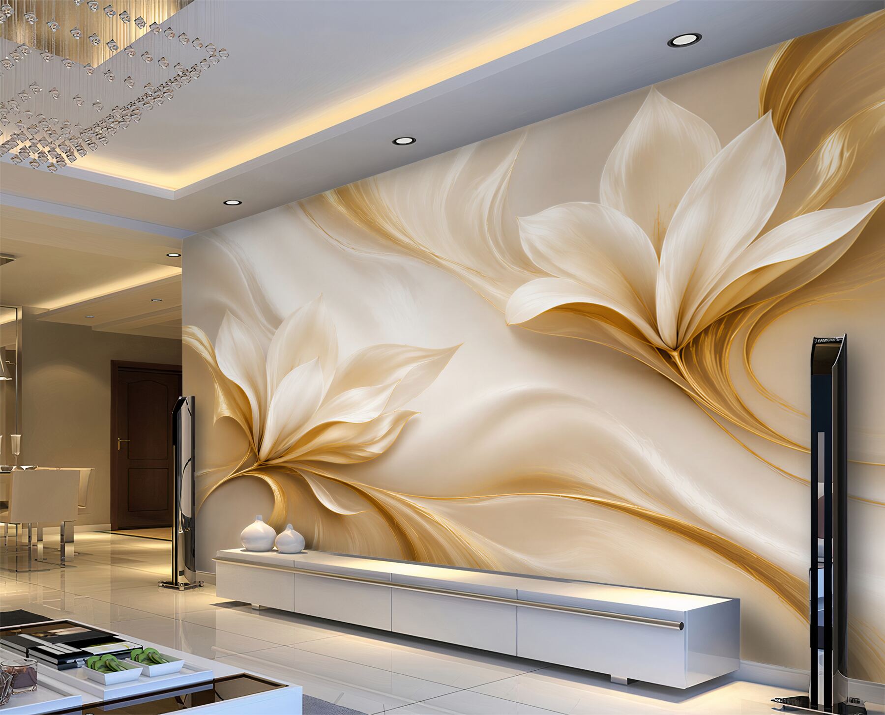 Fototapeta złote kwiaty magnolii 3D na kremowym tle elegancka?v2345