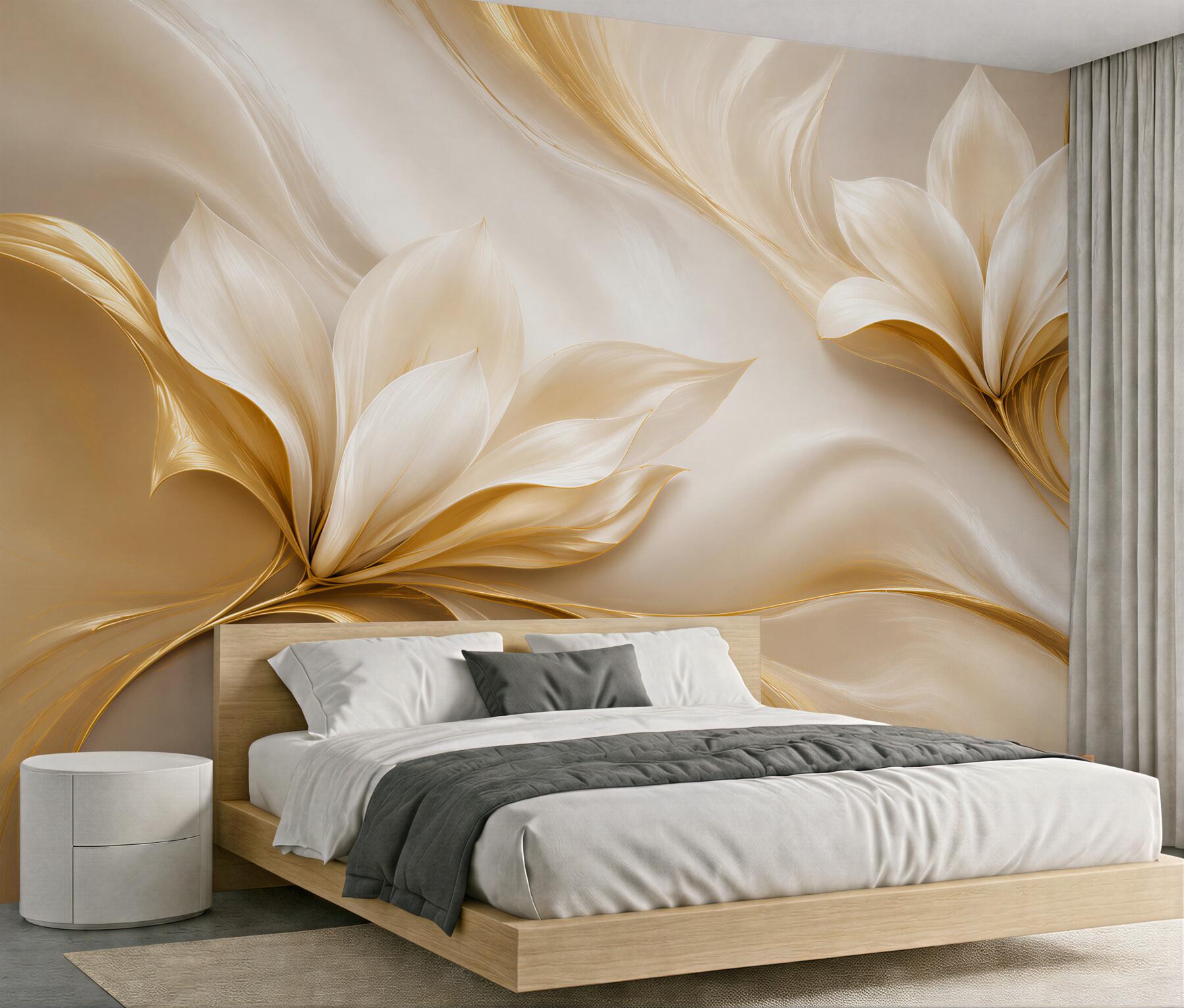 Fototapeta złote kwiaty magnolii 3D na kremowym tle elegancka?v2345