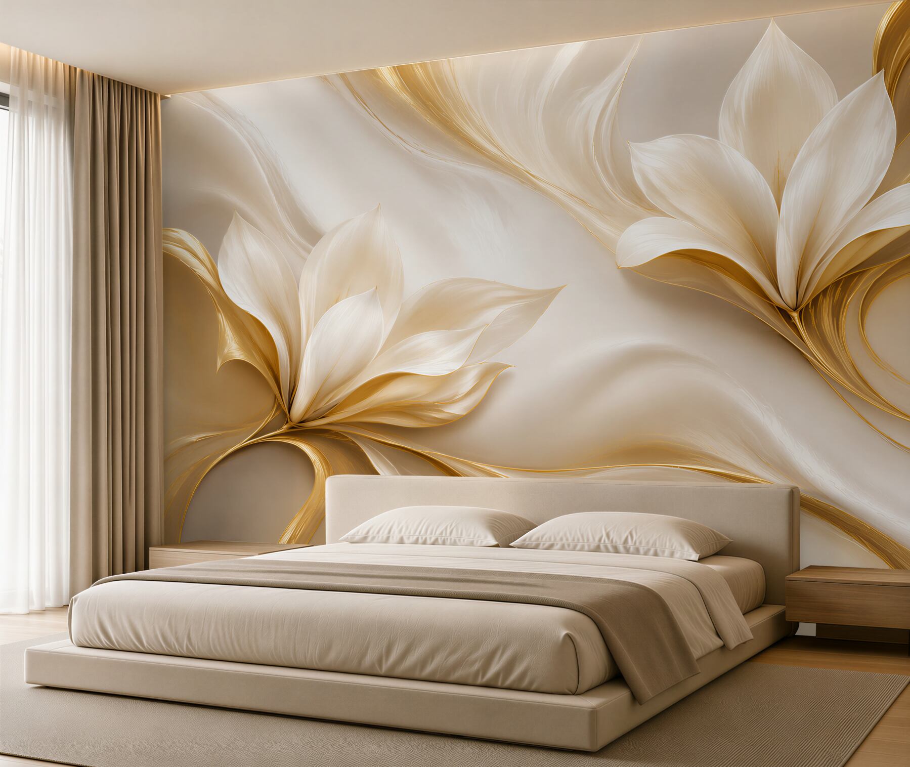 Fototapeta złote kwiaty magnolii 3D na kremowym tle elegancka
