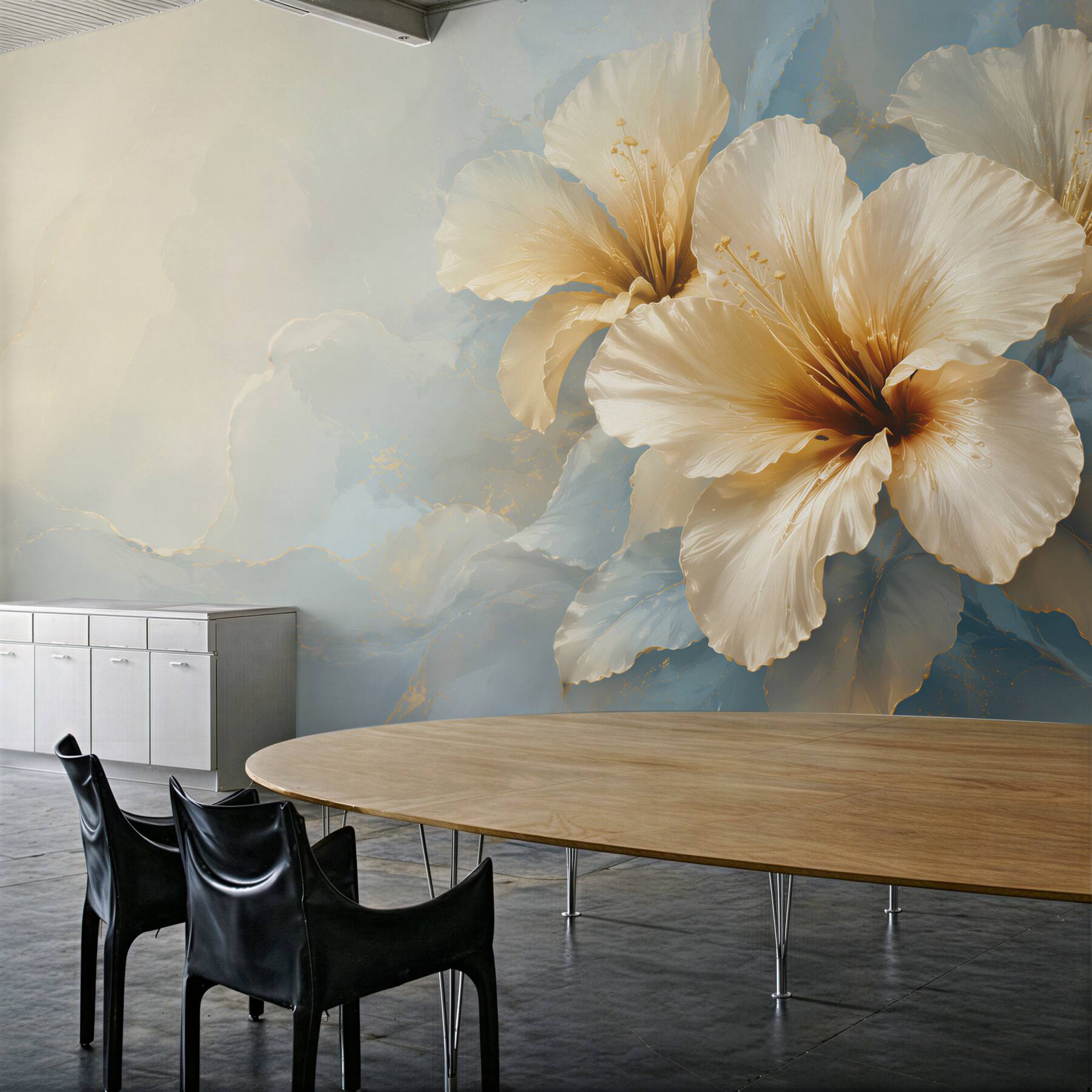 Fototapeta kremowe kwiaty hibiskusa na błękitnym tle elegancka?v2345