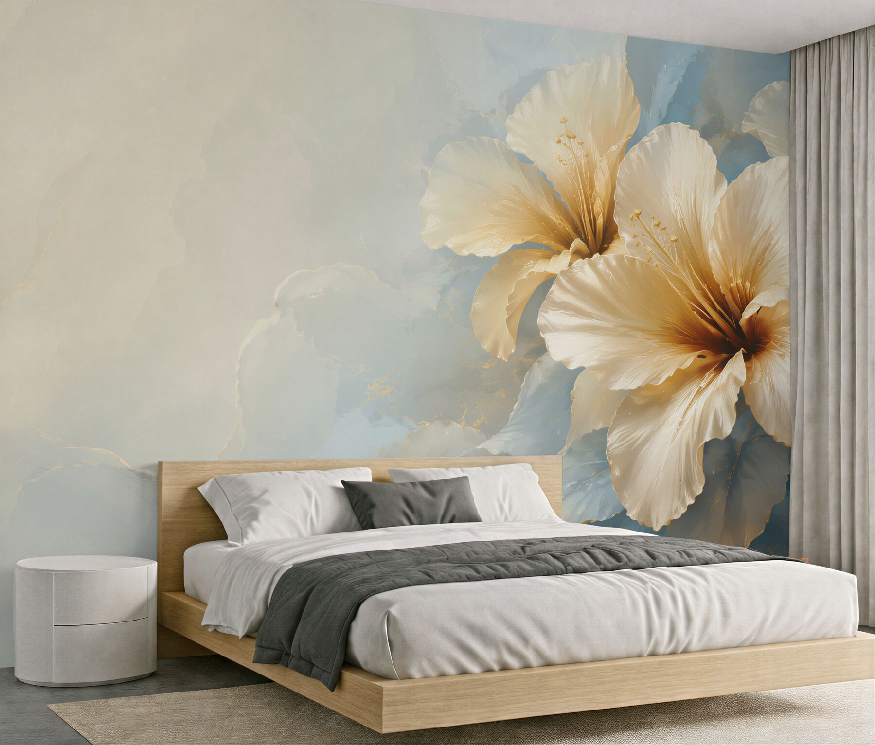 Fototapeta kremowe kwiaty hibiskusa na błękitnym tle elegancka