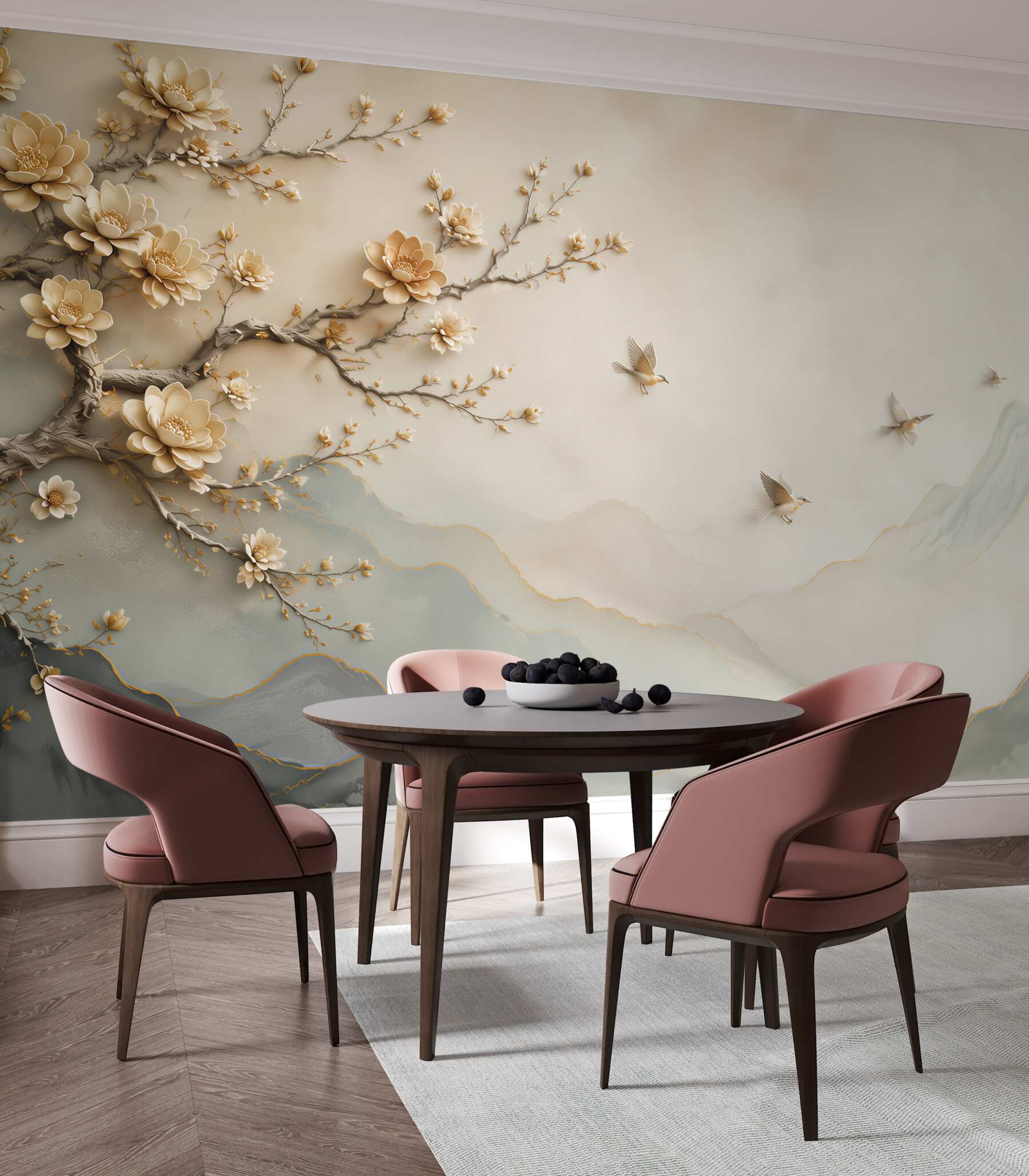 Fototapeta kwitnąca magnolia z ptakami i mglistymi górami w beżowych tonach?v2345