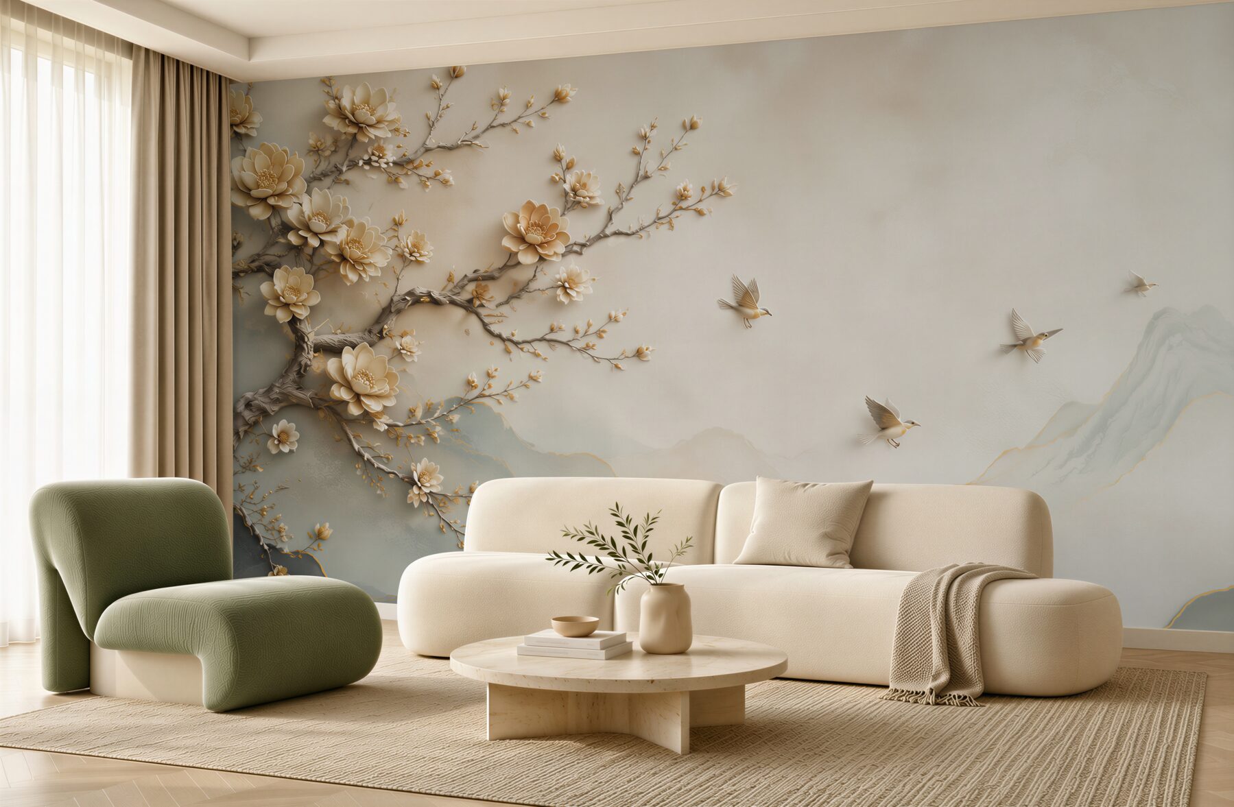 Fototapeta kwitnąca magnolia z ptakami i mglistymi górami w beżowych tonach?v2345