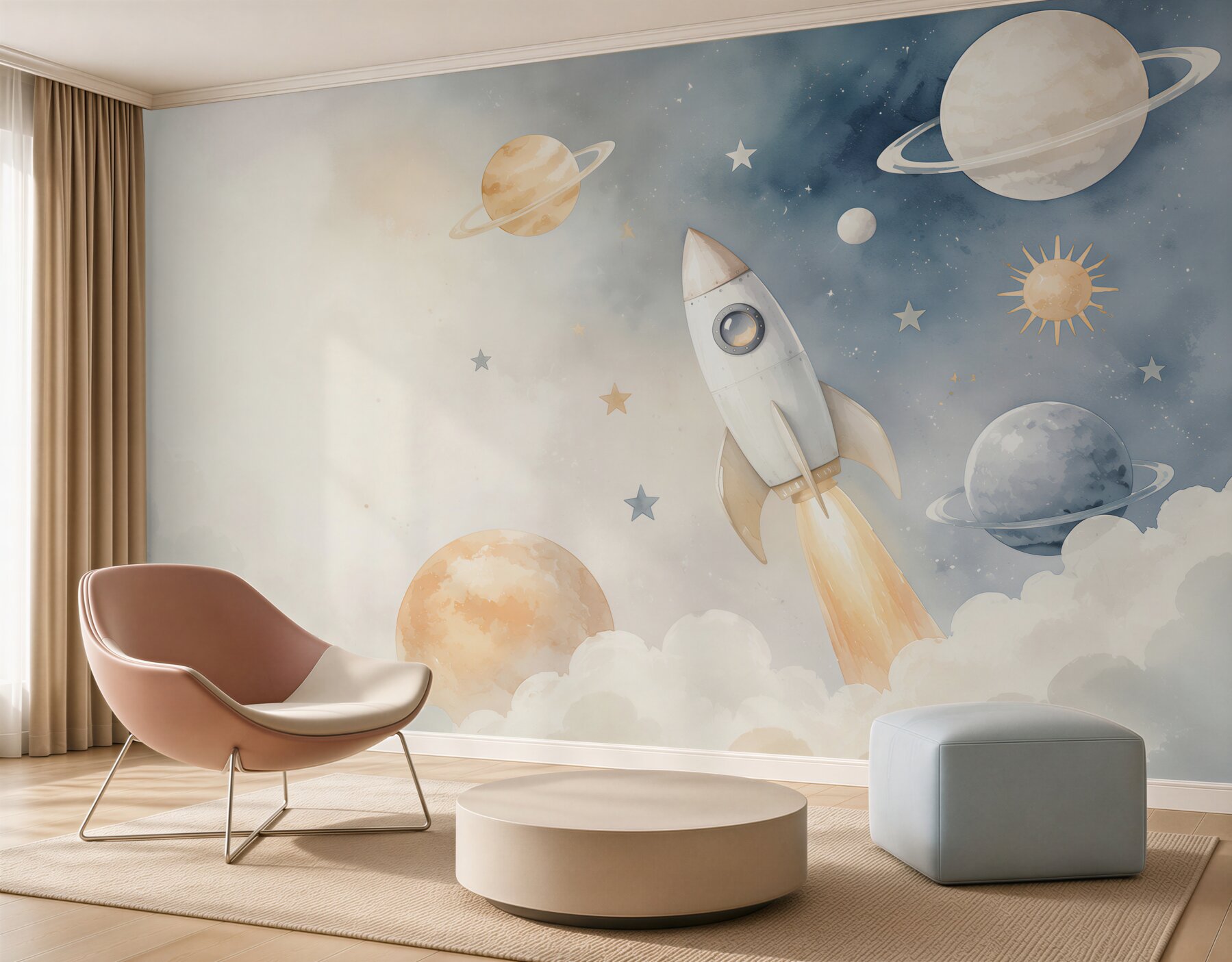 Fototapeta rakieta wśród planet i gwiazd pastelowa dla dzieci?v2345