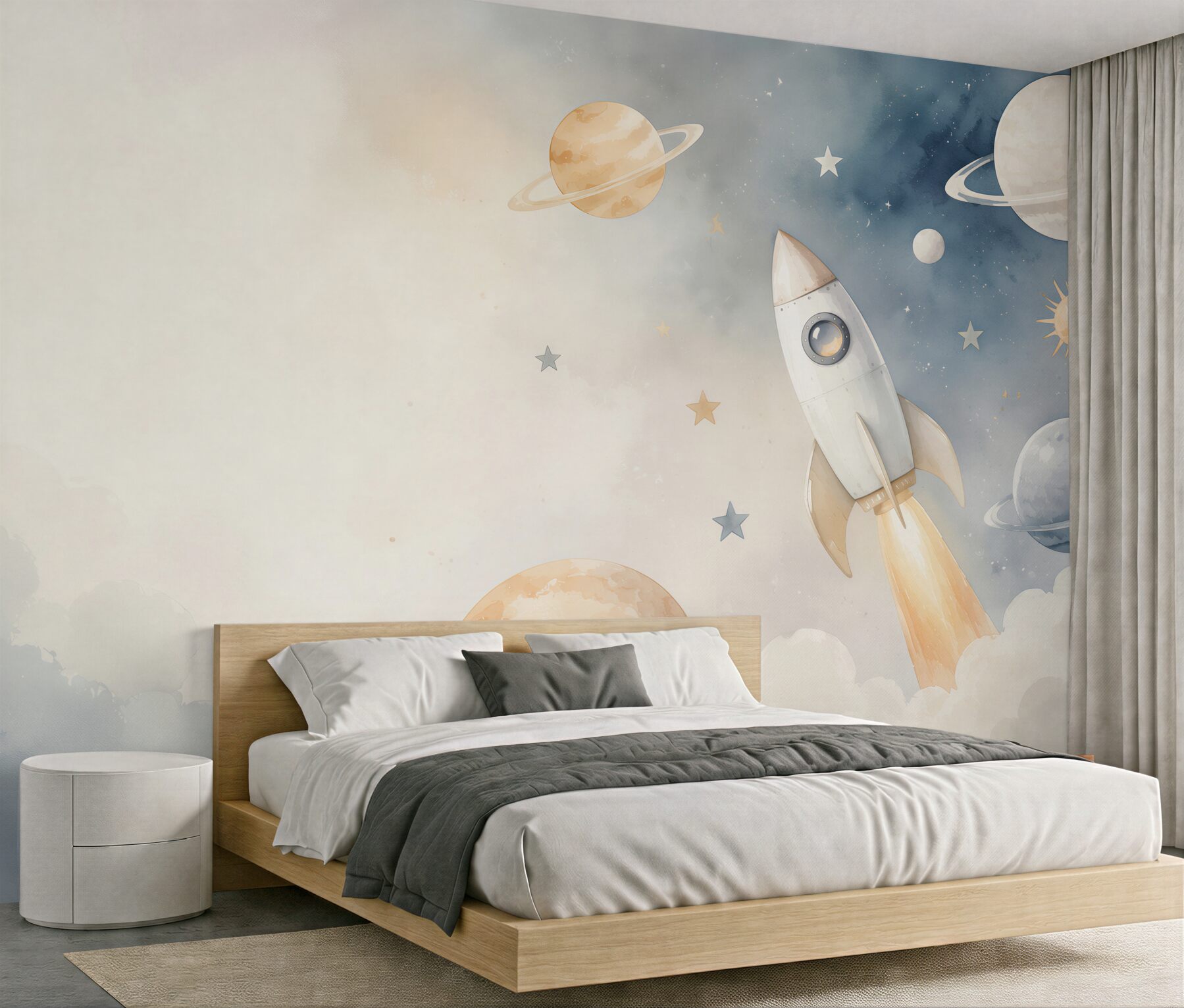 Fototapeta rakieta wśród planet i gwiazd pastelowa dla dzieci?v2345