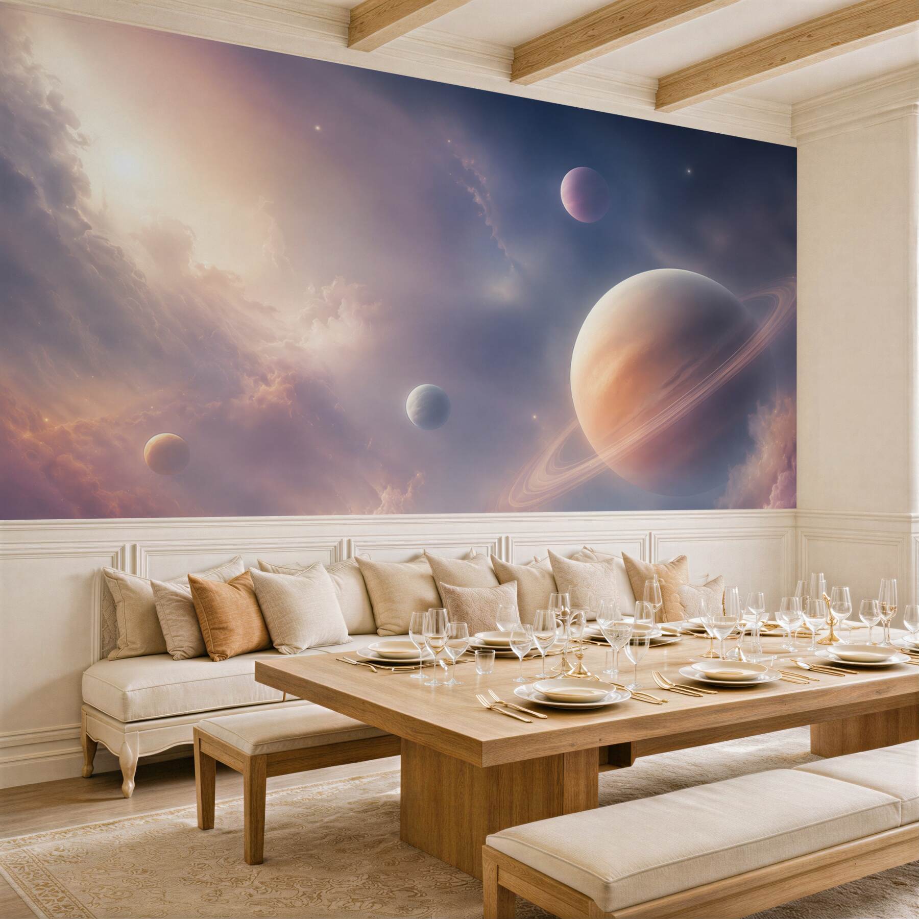 Fototapeta planeta z pierścieniami w różowo fioletowych chmurach?v2345