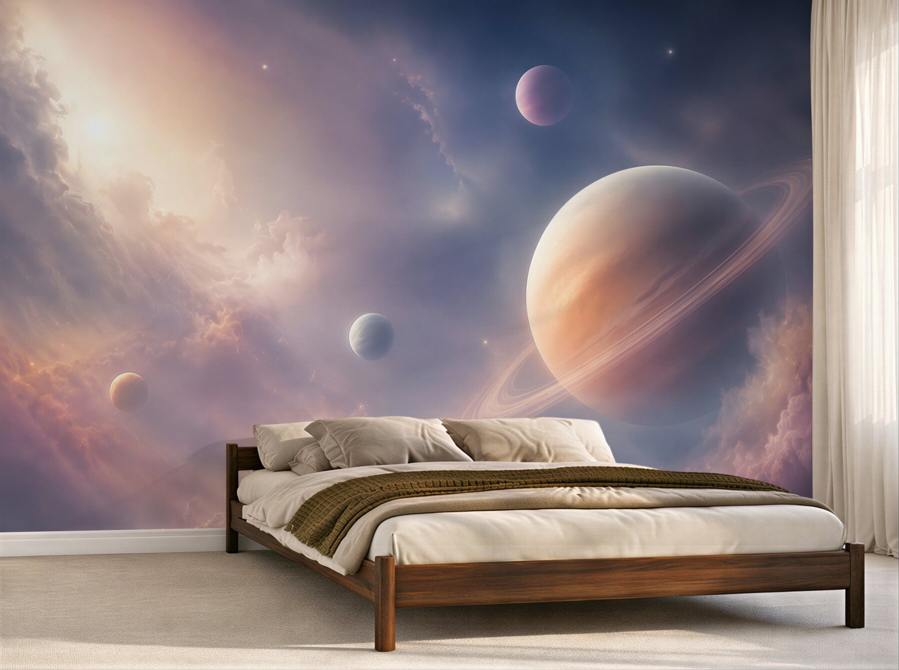 Fototapeta planeta z pierścieniami w różowo fioletowych chmurach?v2345