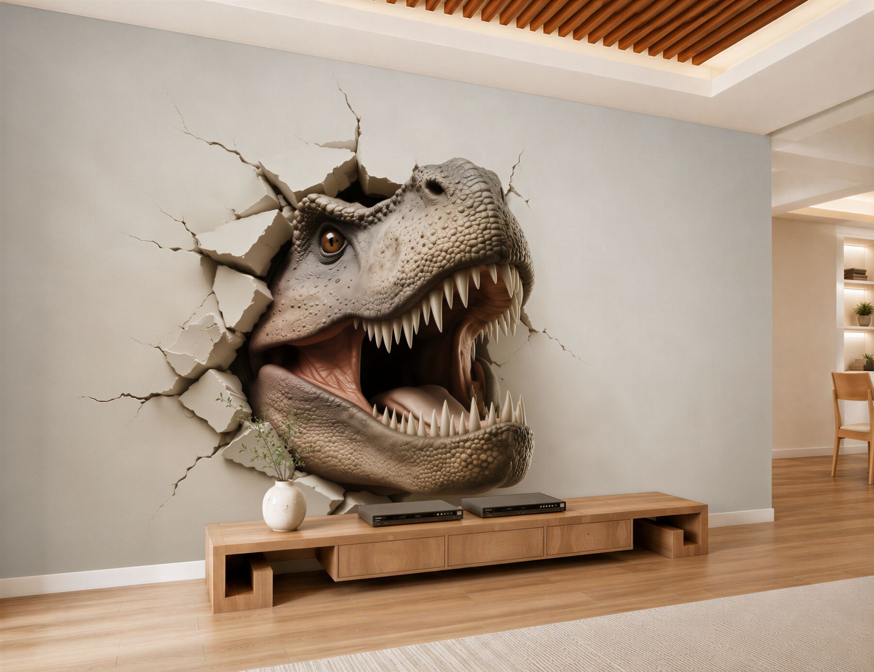 Fototapeta dinozaur tyranozaur 3D wyłaniający się ze ściany?v2345