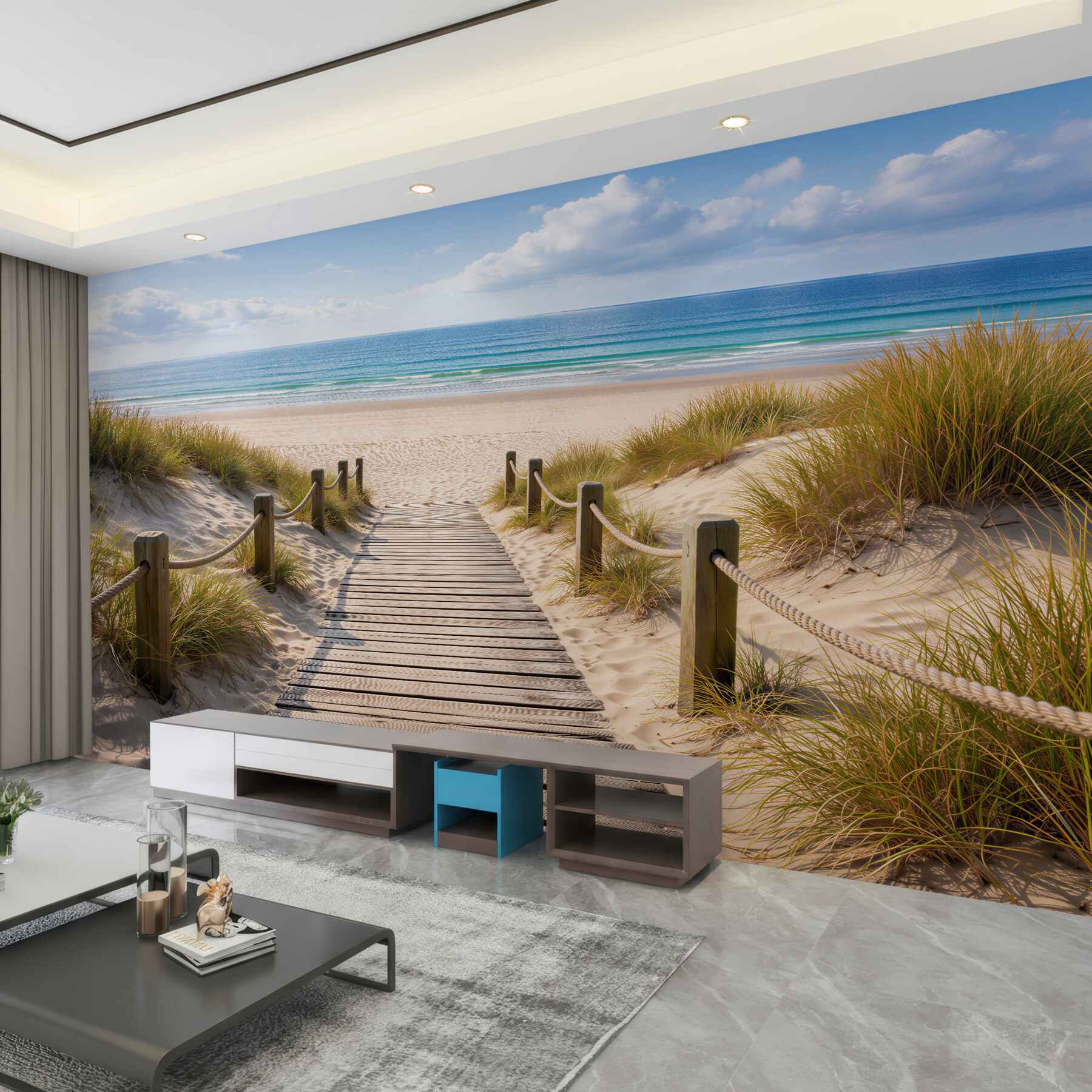 Fototapeta Drewniana ścieżka na spokojną plażę?v2345