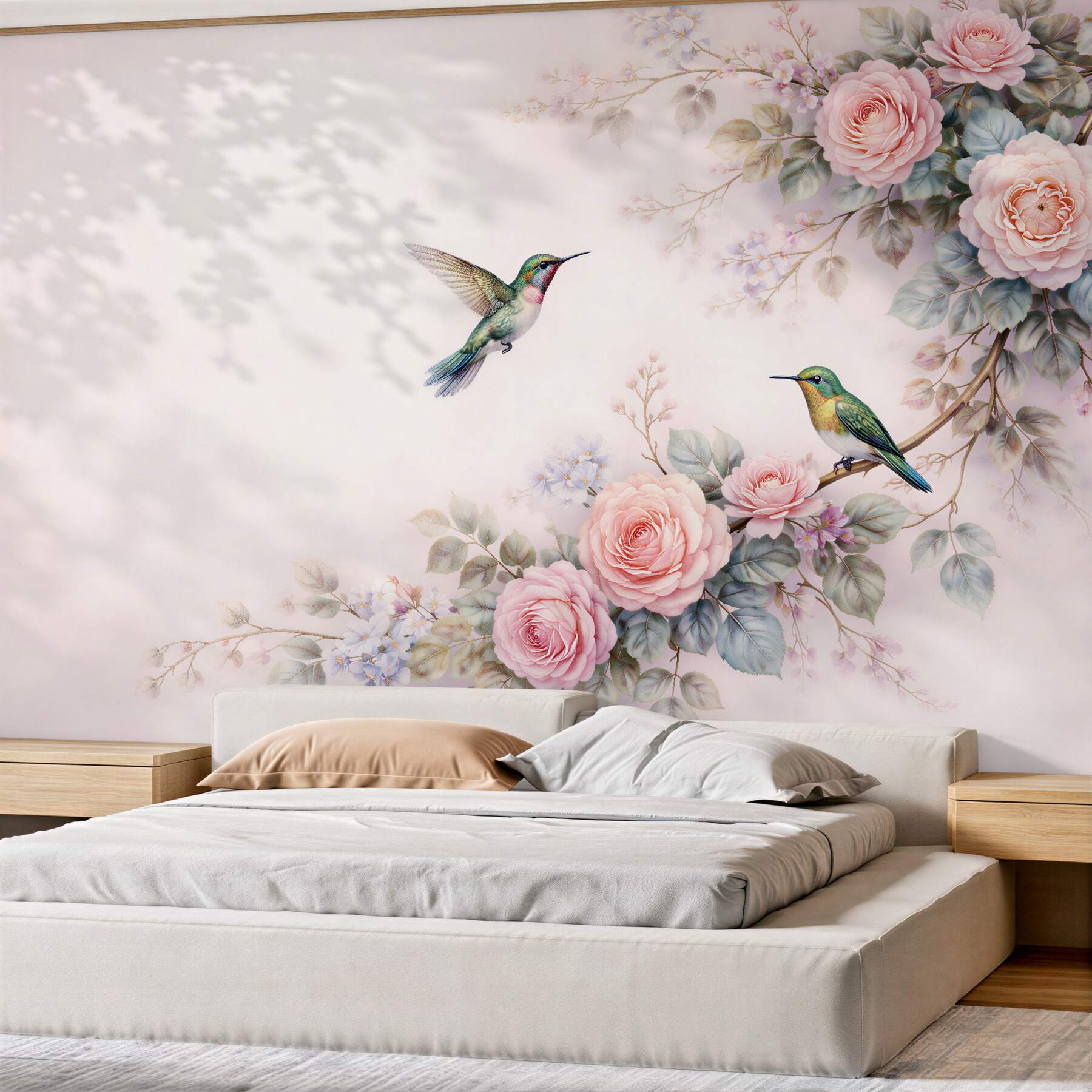 Fototapeta kolibry wśród pastelowych róż?v2345