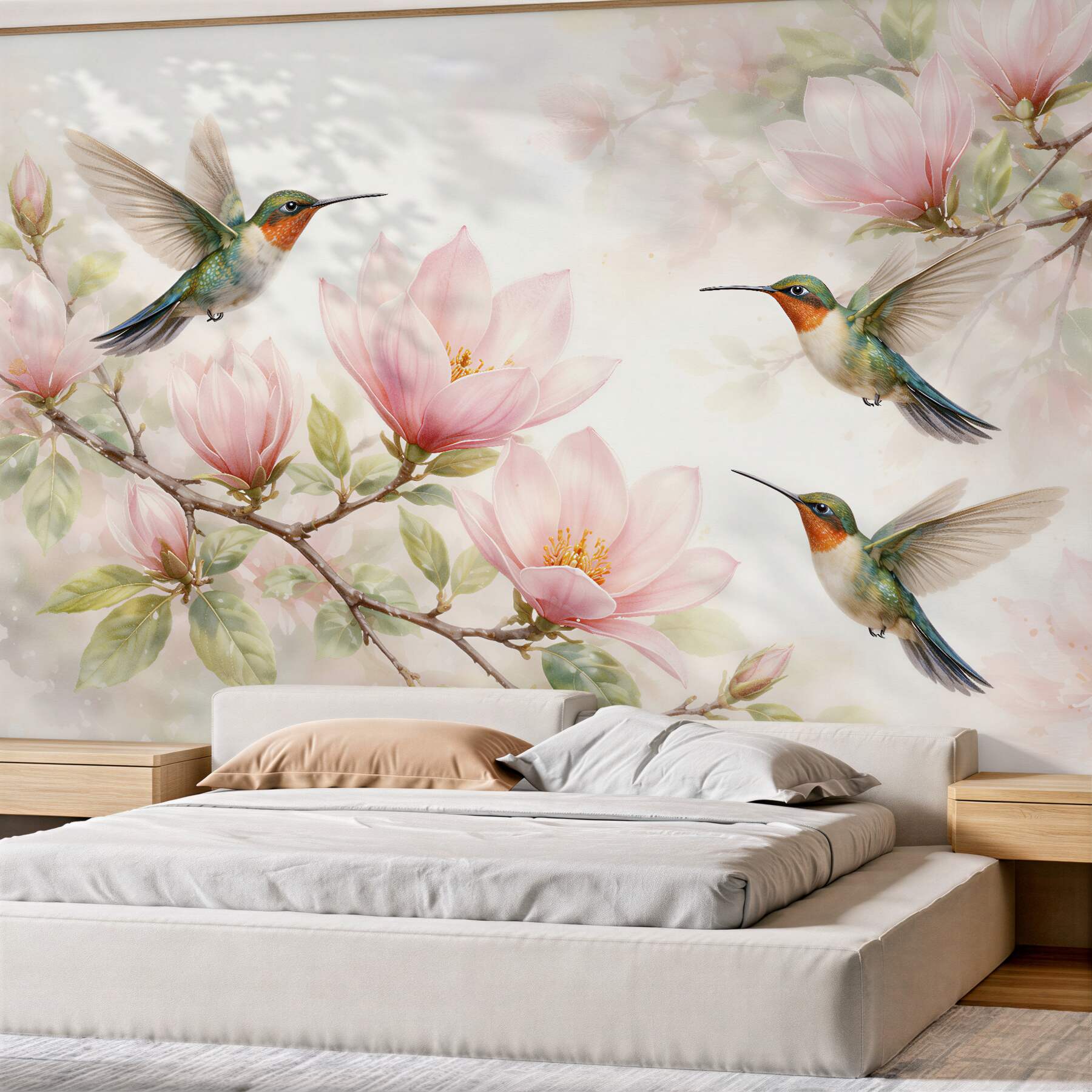 Fototapeta kolibry wśród różowych magnolii?v2345