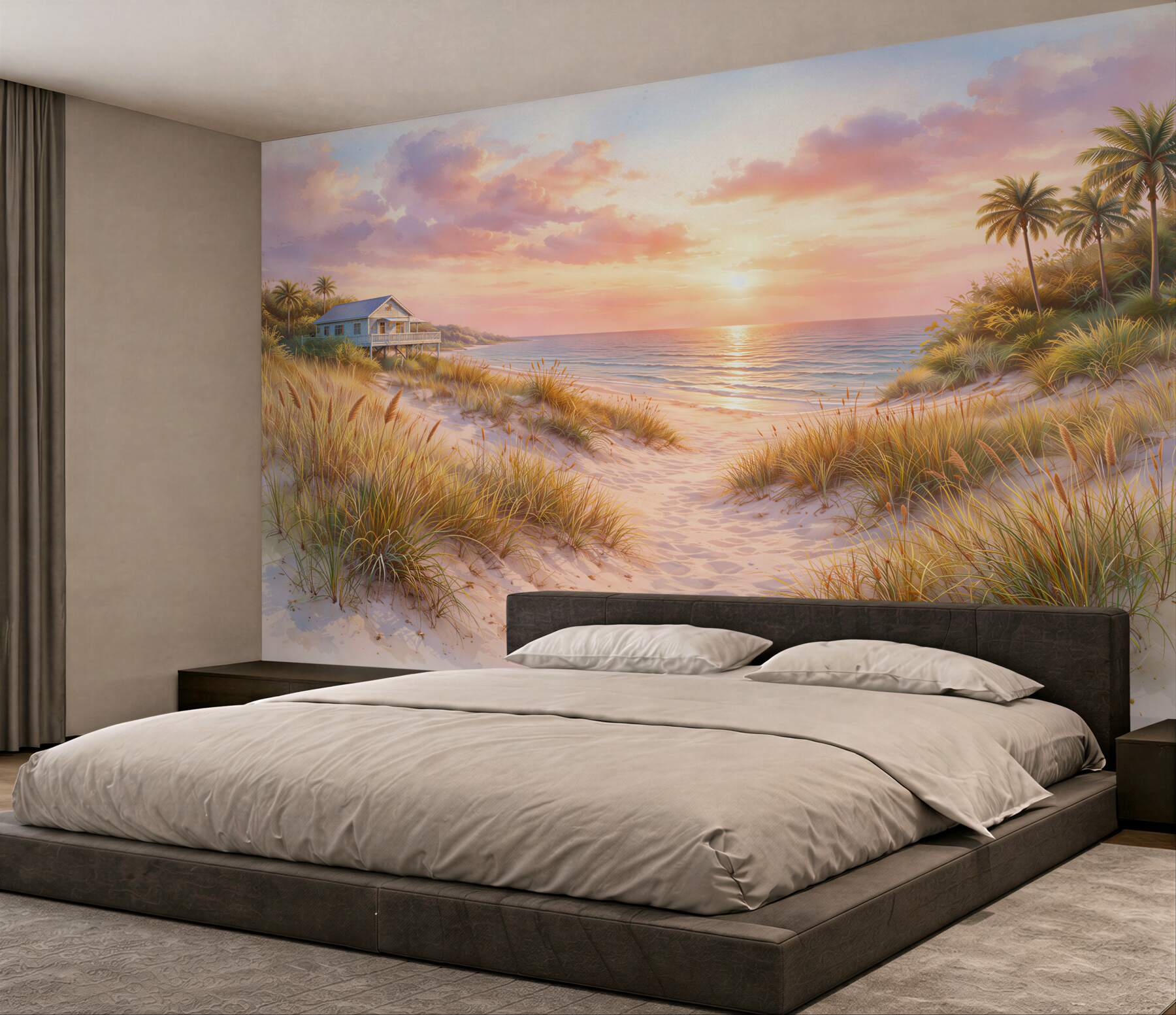 Fototapeta różowy zachód nad plażą?v2345