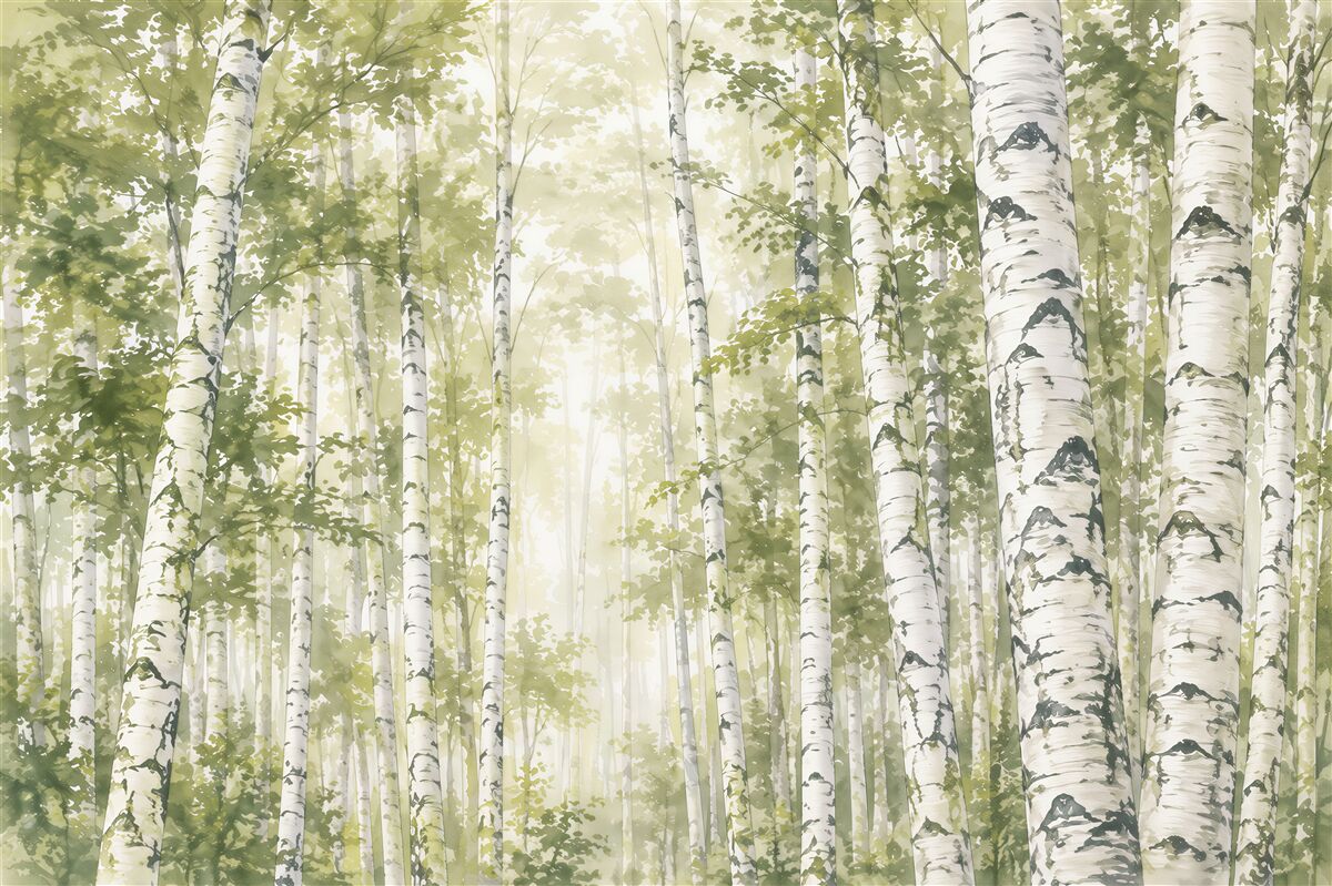 Fototapeta brzozowy las we mgle ze ścieżką spokojny naturalny krajobraz