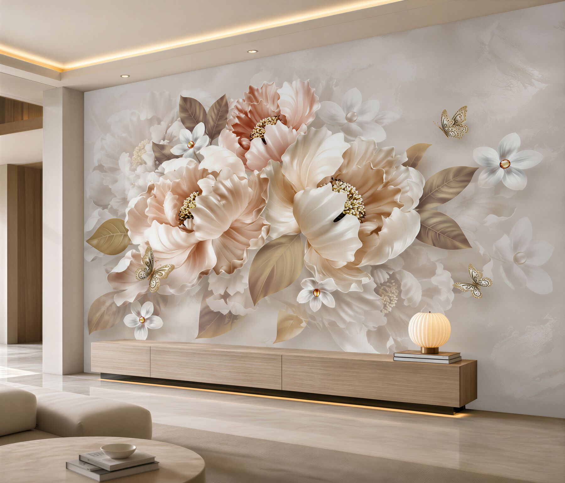 Fototapeta kwiaty peonie beżowe z motylem elegancka do sypialni