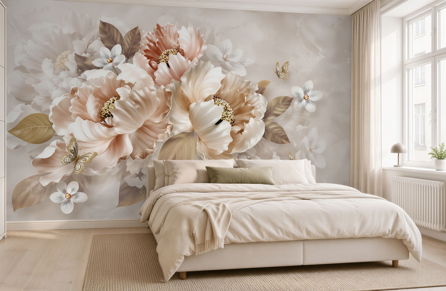 Fototapeta kwiaty peonie beżowe z motylem elegancka do sypialni?v2345