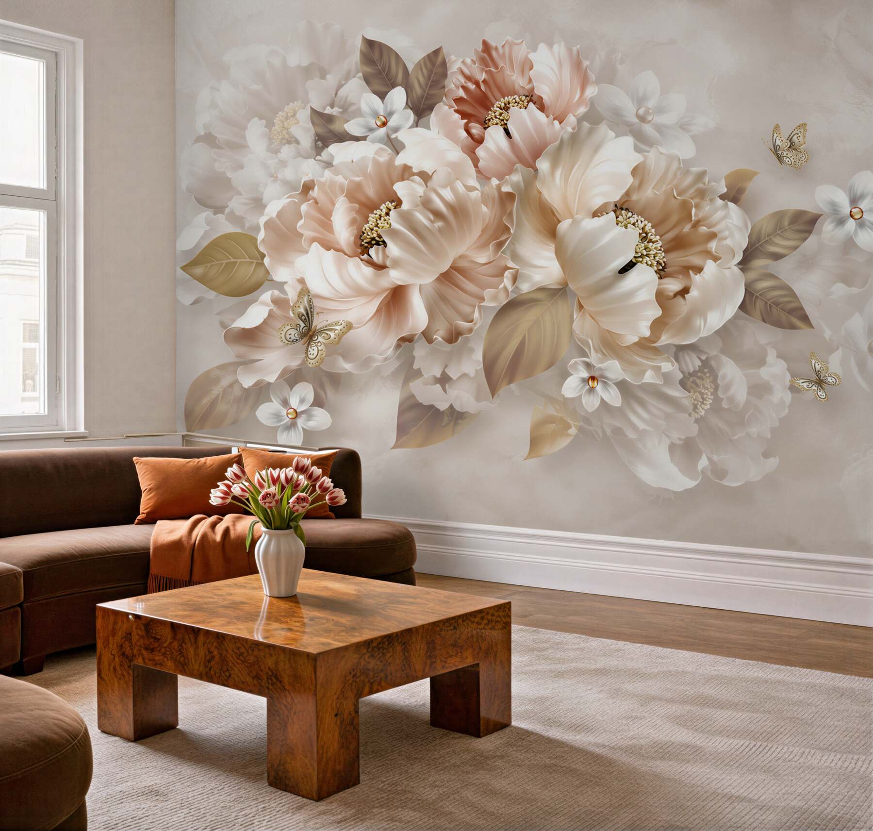Fototapeta kwiaty peonie beżowe z motylem elegancka do sypialni?v2345