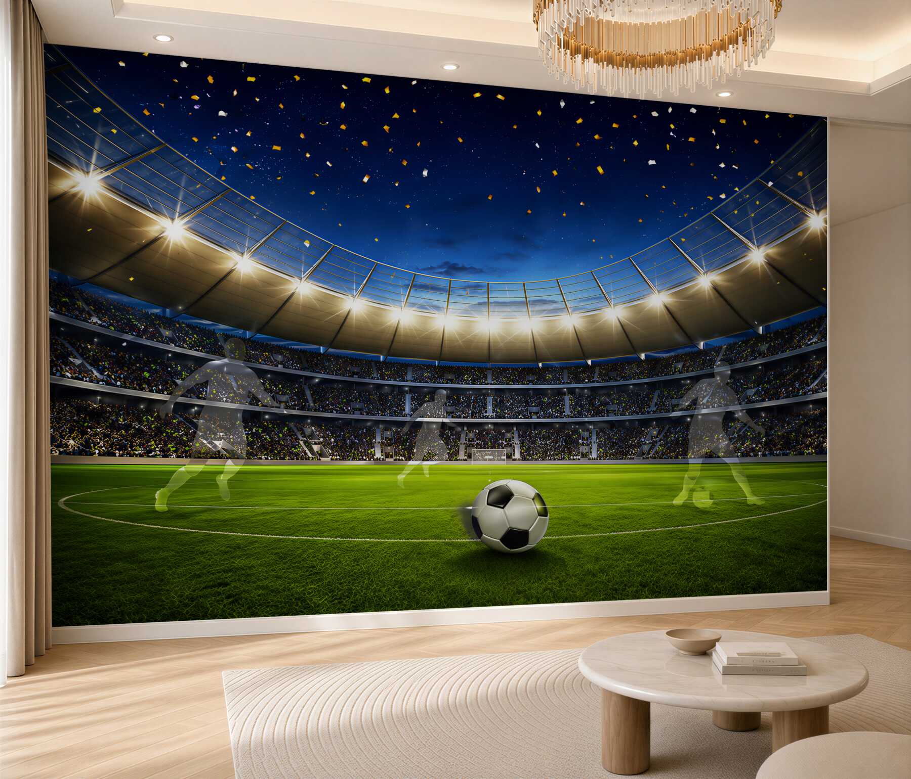 Fototapeta stadion piłkarski z piłką o zachodzie słońca do pokoju fana futbolu