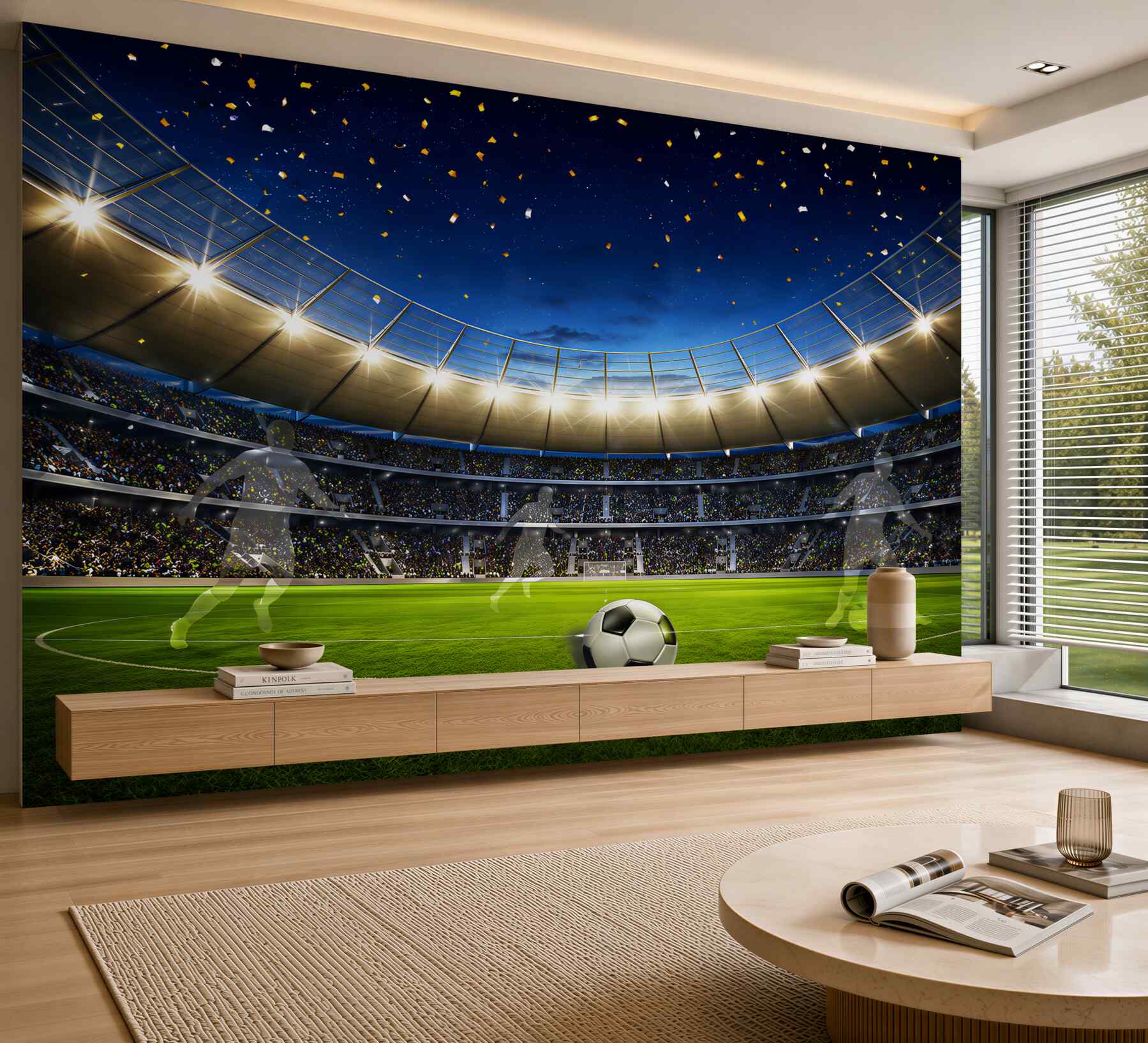 Fototapeta stadion piłkarski z piłką o zachodzie słońca do pokoju fana futbolu?v2345