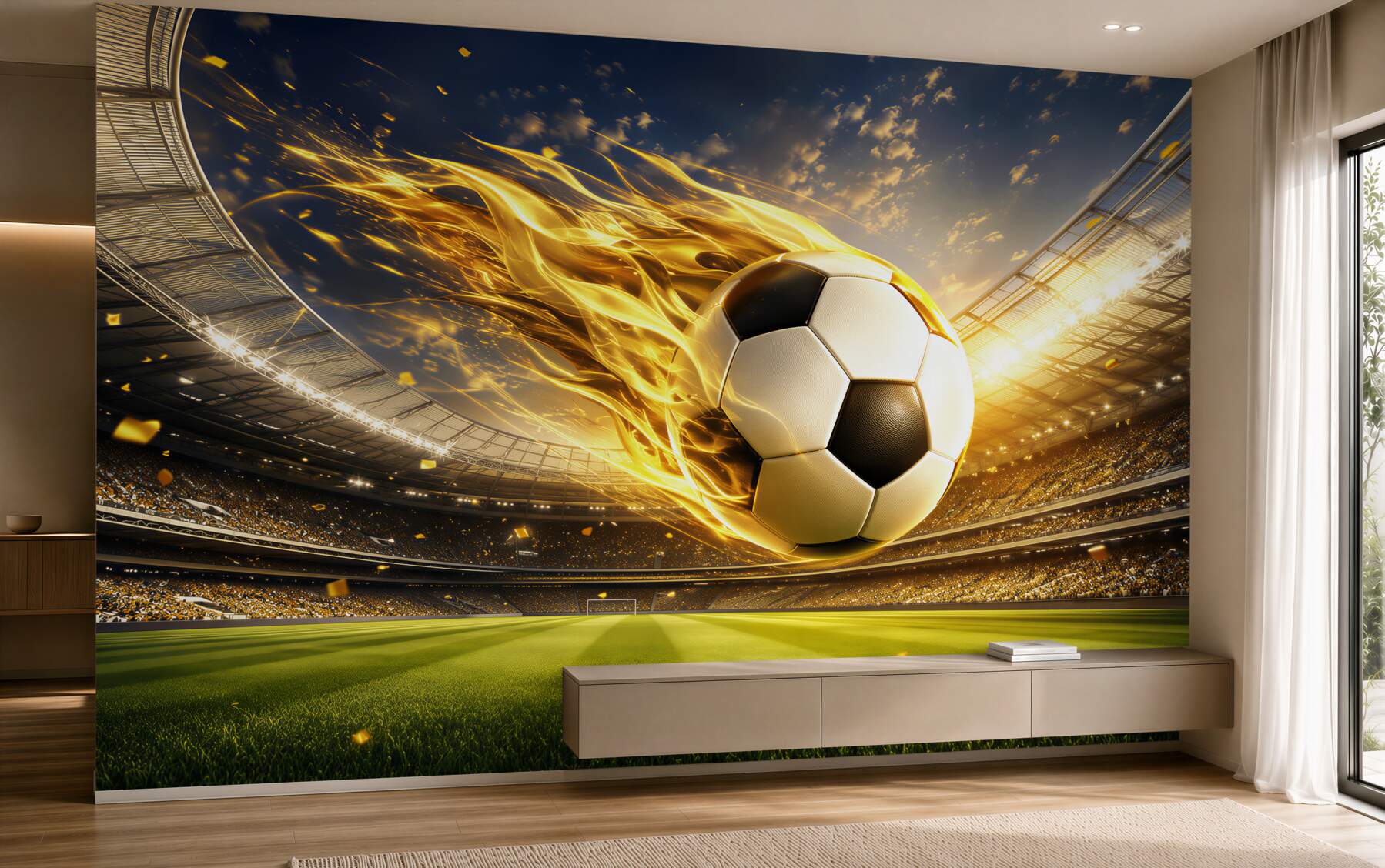Fototapeta piłka nożna w ogniu dynamiczna beżowo złota do pokoju fana sportu