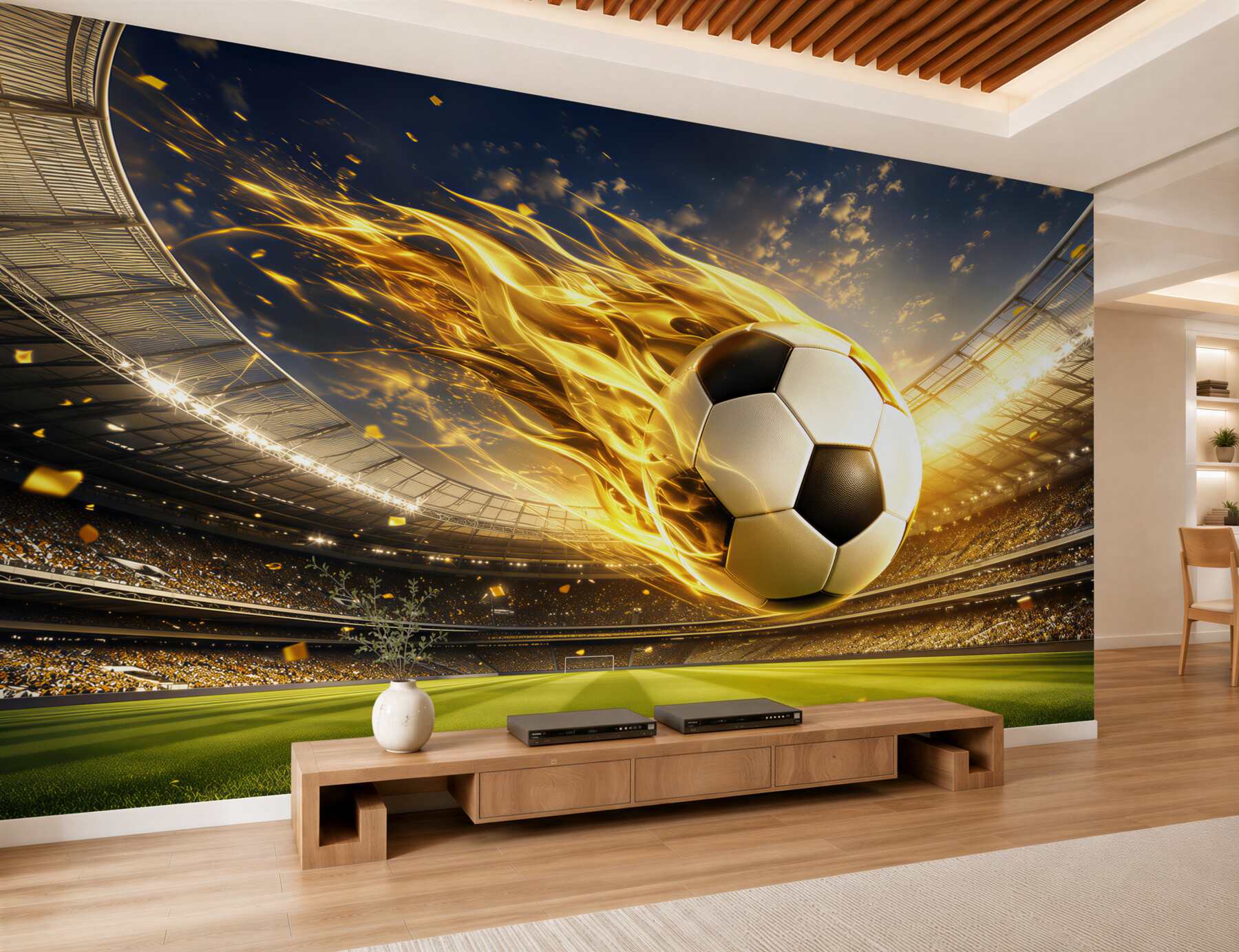 Fototapeta piłka nożna w ogniu dynamiczna beżowo złota do pokoju fana sportu?v2345