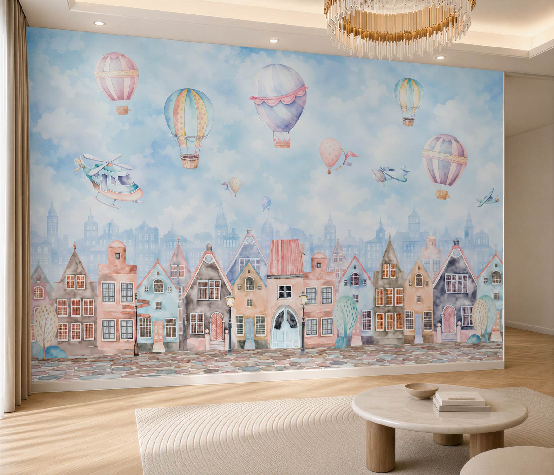 Fototapeta balony nad kolorowymi domami
