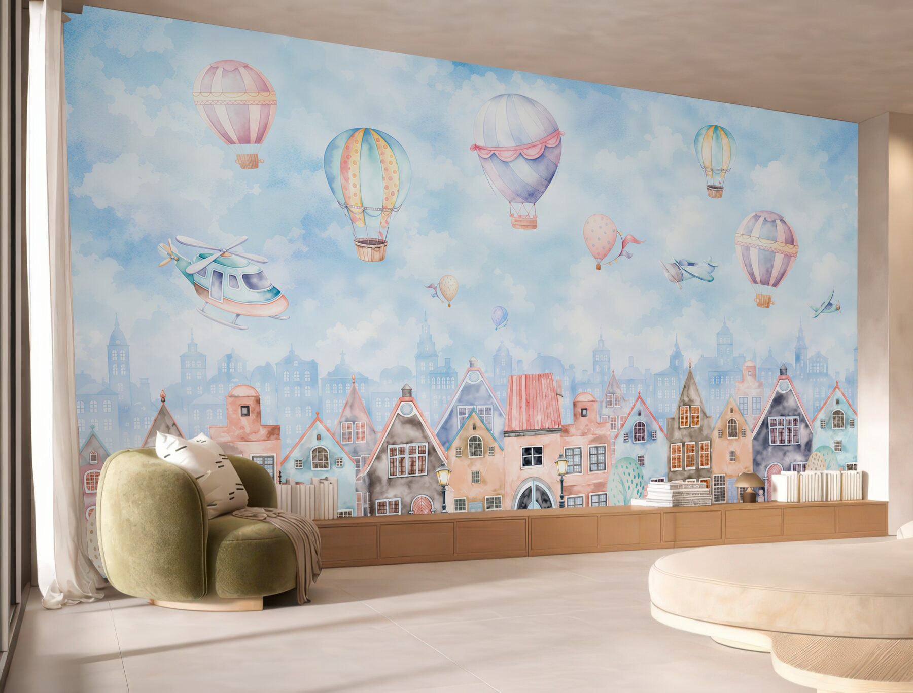 Fototapeta balony nad kolorowymi domami?v2345