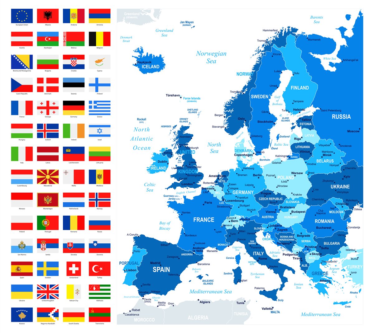 Fototapeta mapa krajów europy z flagami