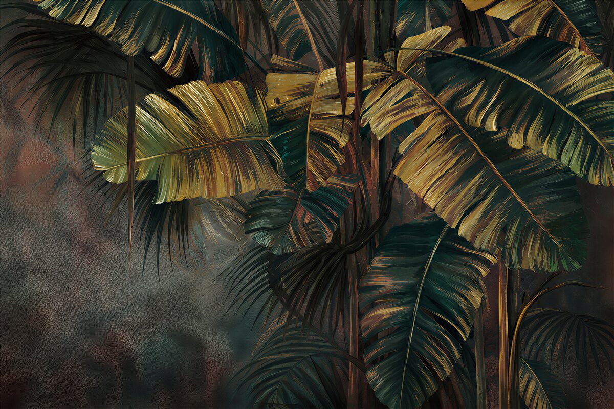 Fototapeta grube liście palm w deszczu