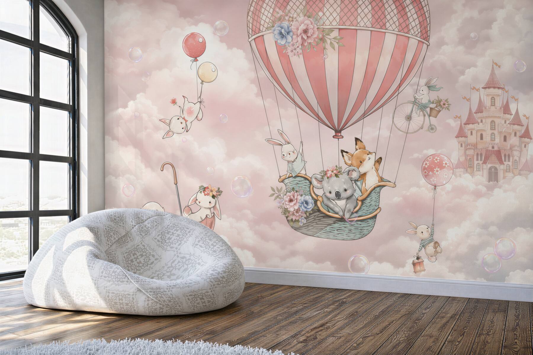 Fototapeta latające bajkowe zwierzęta na tle zamku?v2345