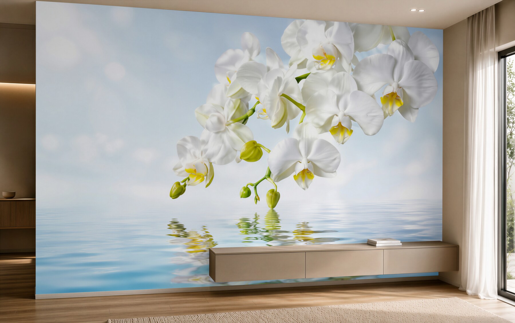 Fototapeta gałąź białej orchidei w pobliżu spokojnej wody