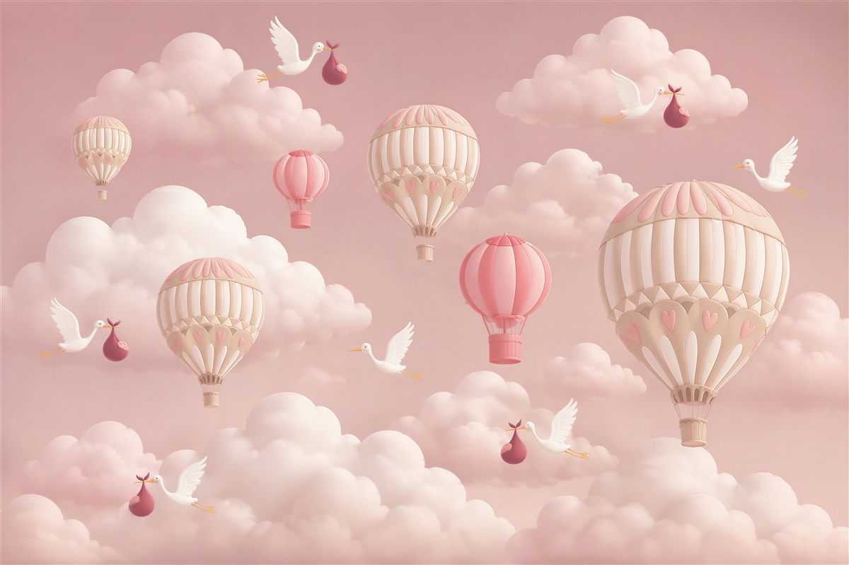 Fototapeta Bociany niosą dzieci wśród balonów