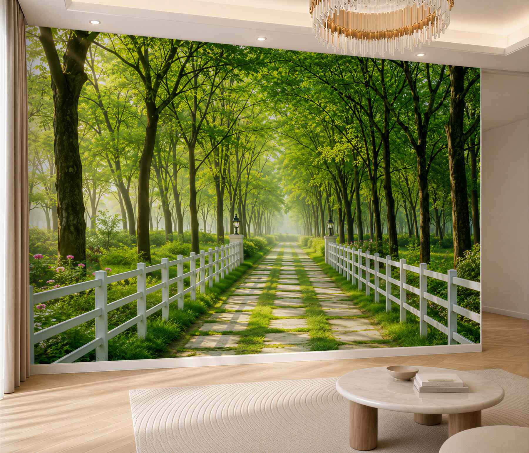 Fototapeta Gęsty zielony las i ścieżka w kwiatach