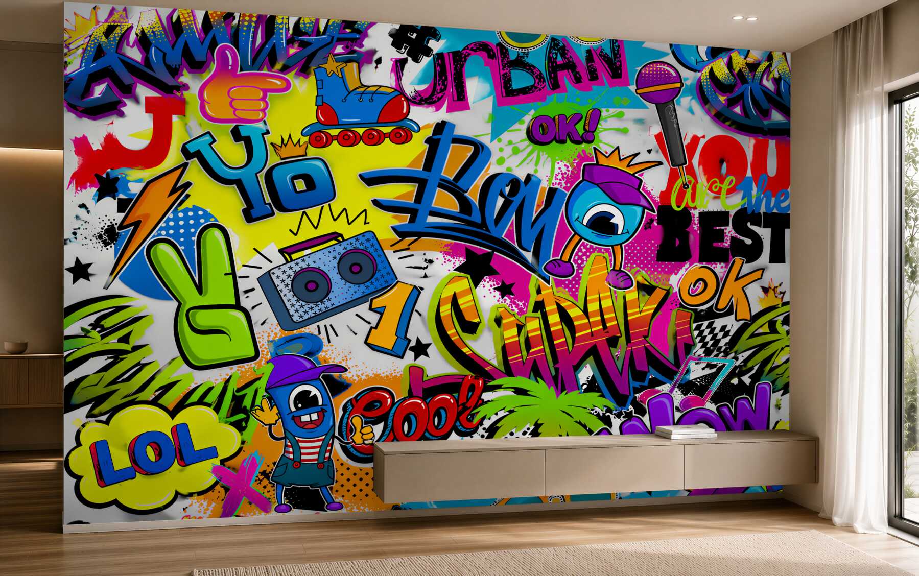 Fototapeta graffiti pastelowe z rolką i boomboxem do pokoju młodzieżowego