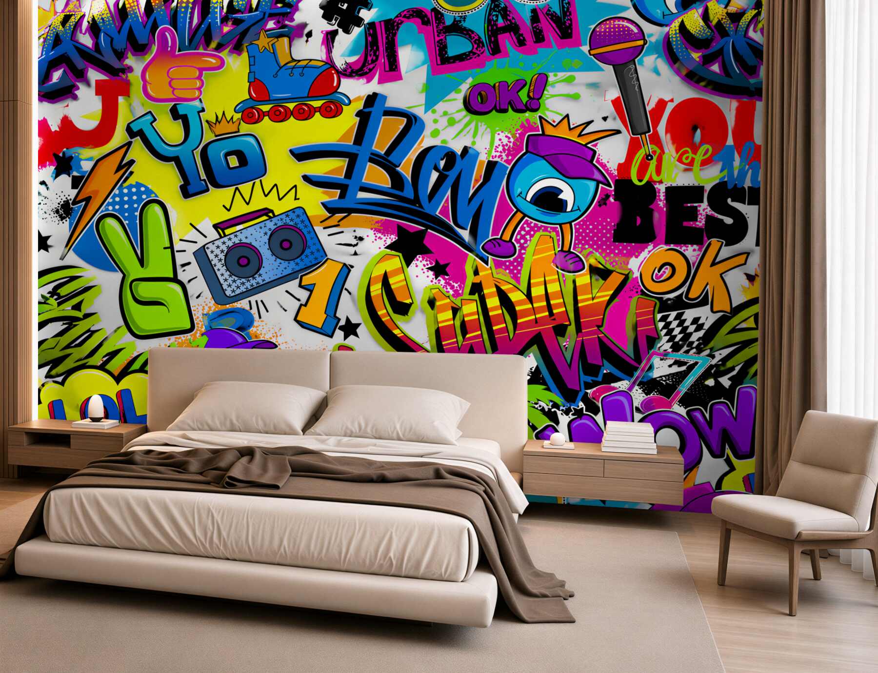 Fototapeta graffiti pastelowe z rolką i boomboxem do pokoju młodzieżowego?v2345