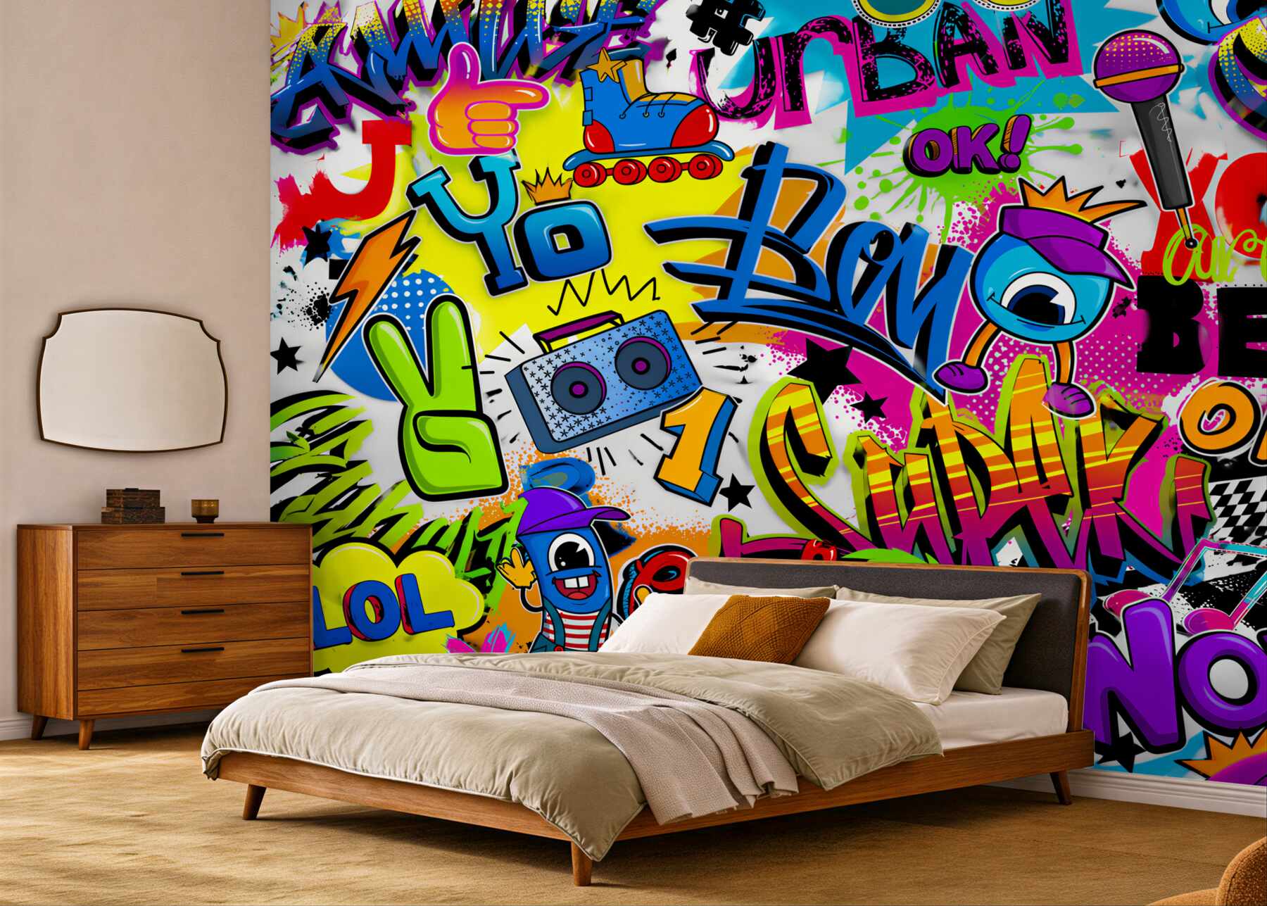 Fototapeta graffiti pastelowe z rolką i boomboxem do pokoju młodzieżowego?v2345