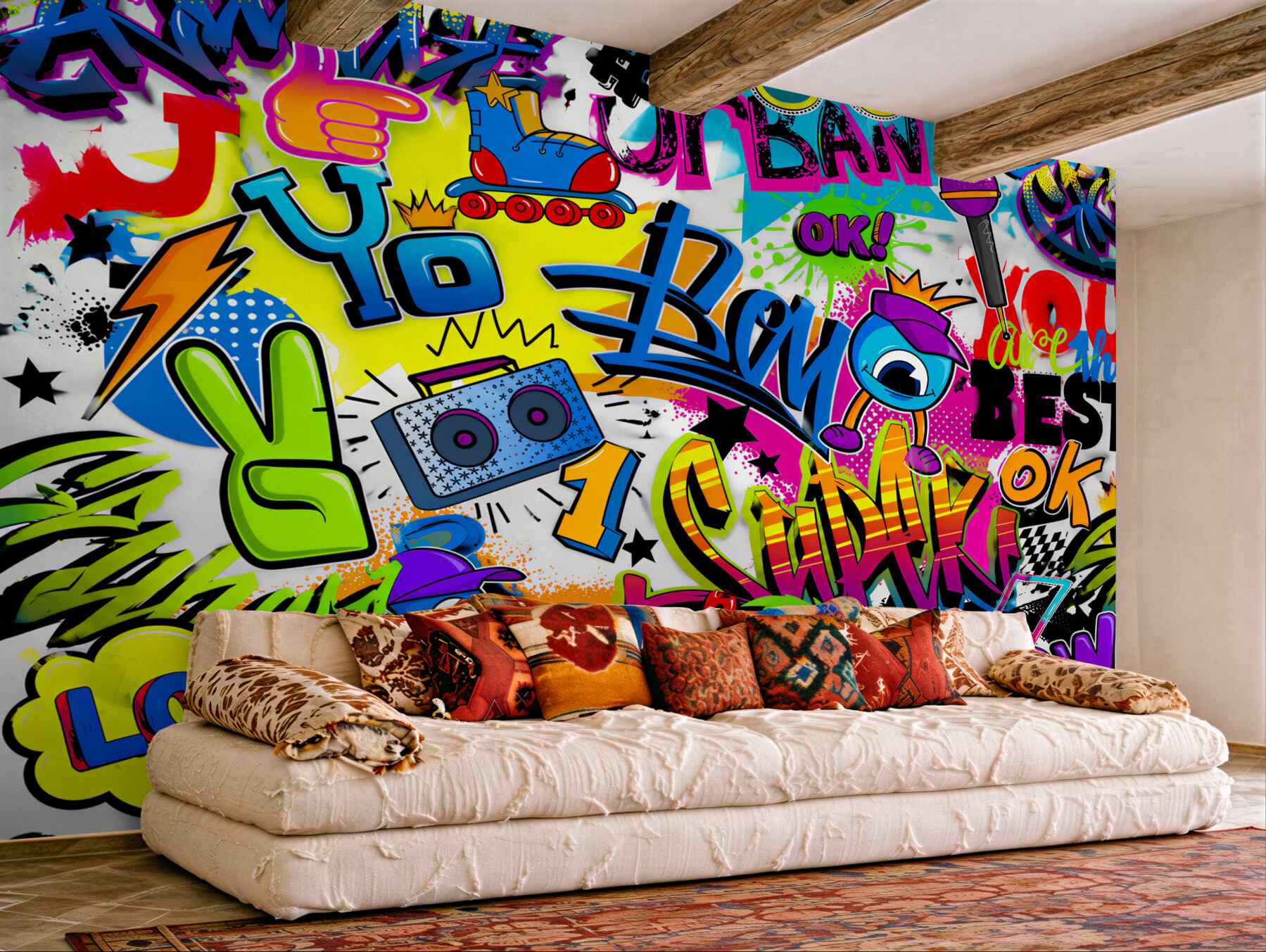 Fototapeta graffiti pastelowe z rolką i boomboxem do pokoju młodzieżowego?v2345