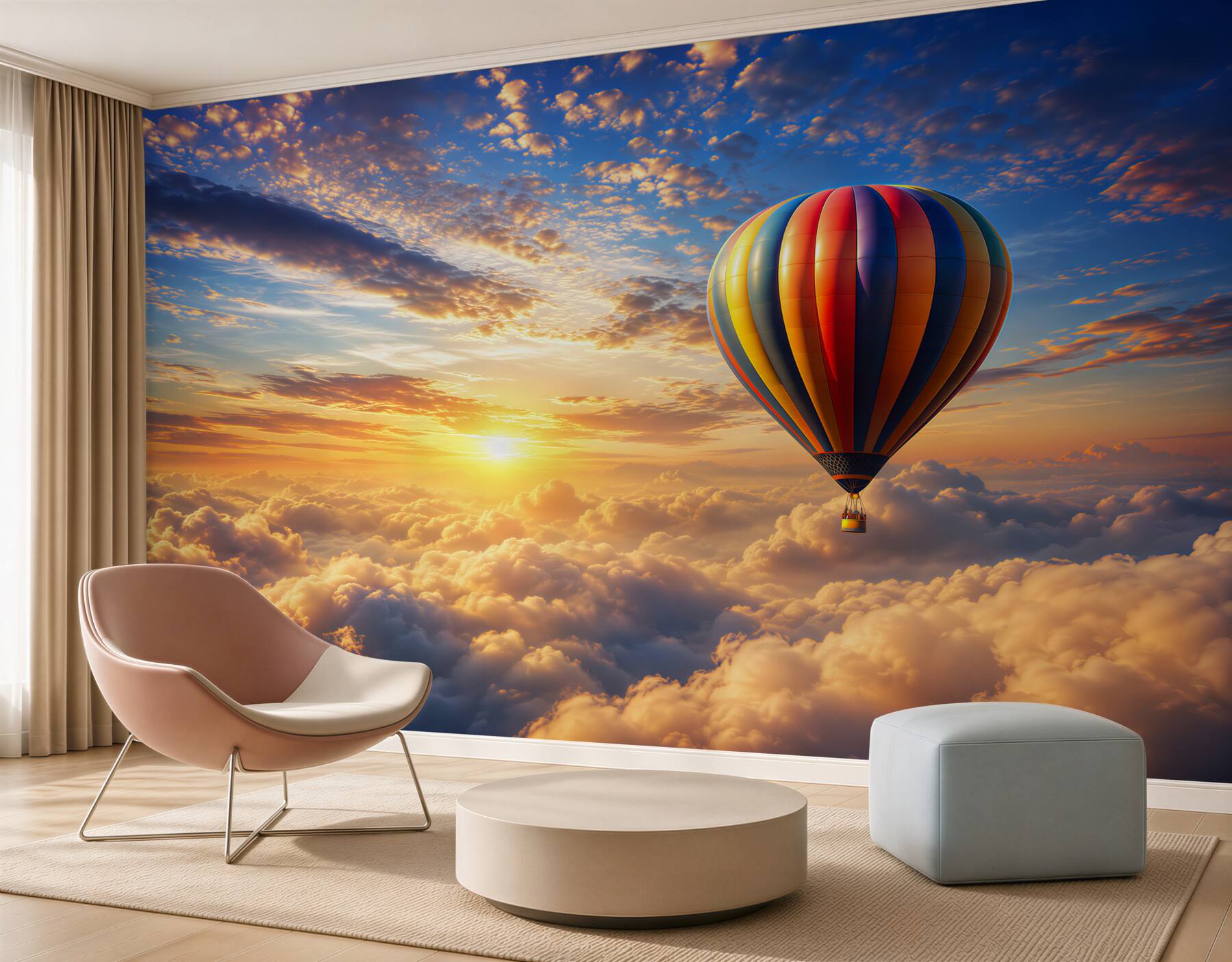Fototapeta balon nad chmurami o świcie pastelowe niebo