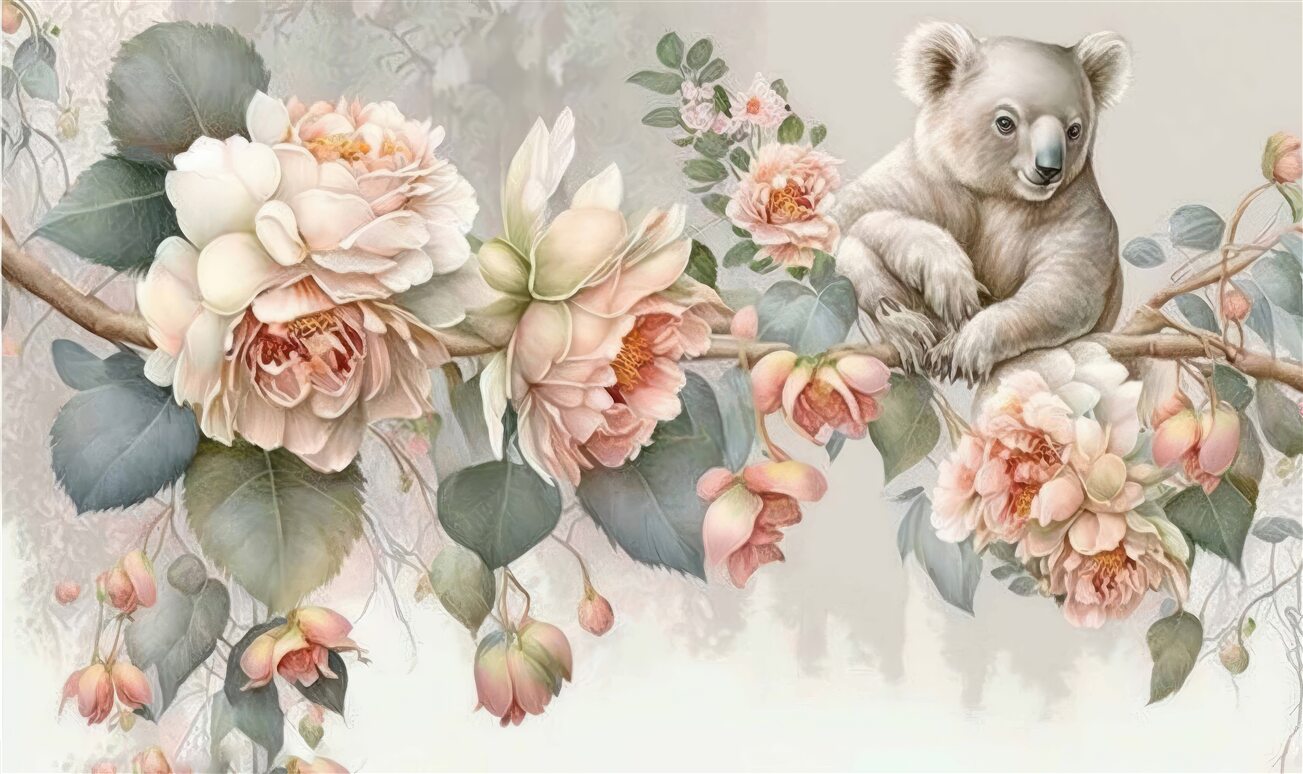 Fototapeta Koala na gałęzi z dużymi kwiatami