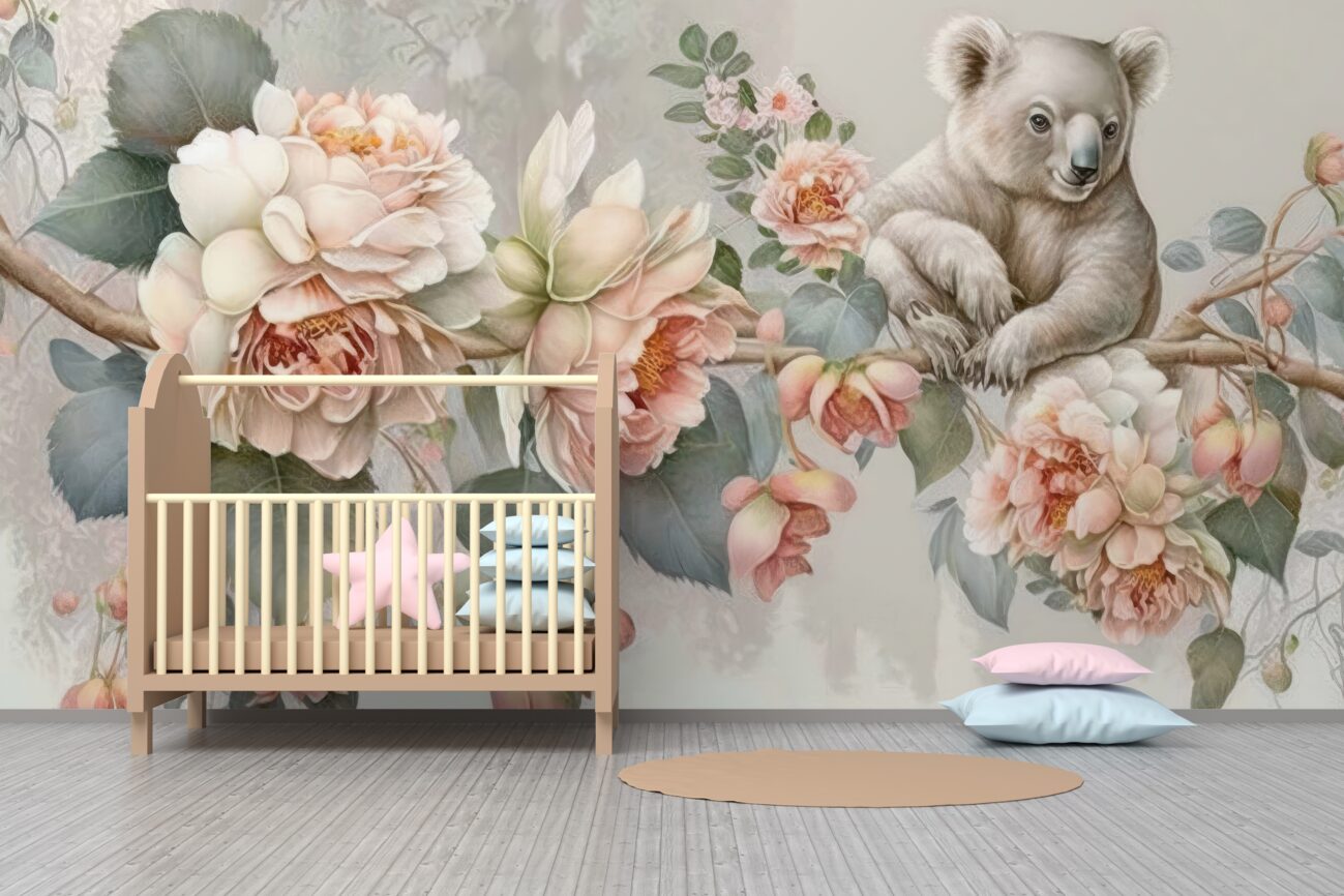Fototapeta Koala na gałęzi z dużymi kwiatami