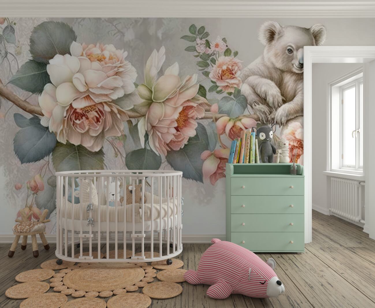 Fototapeta Koala na gałęzi z dużymi kwiatami