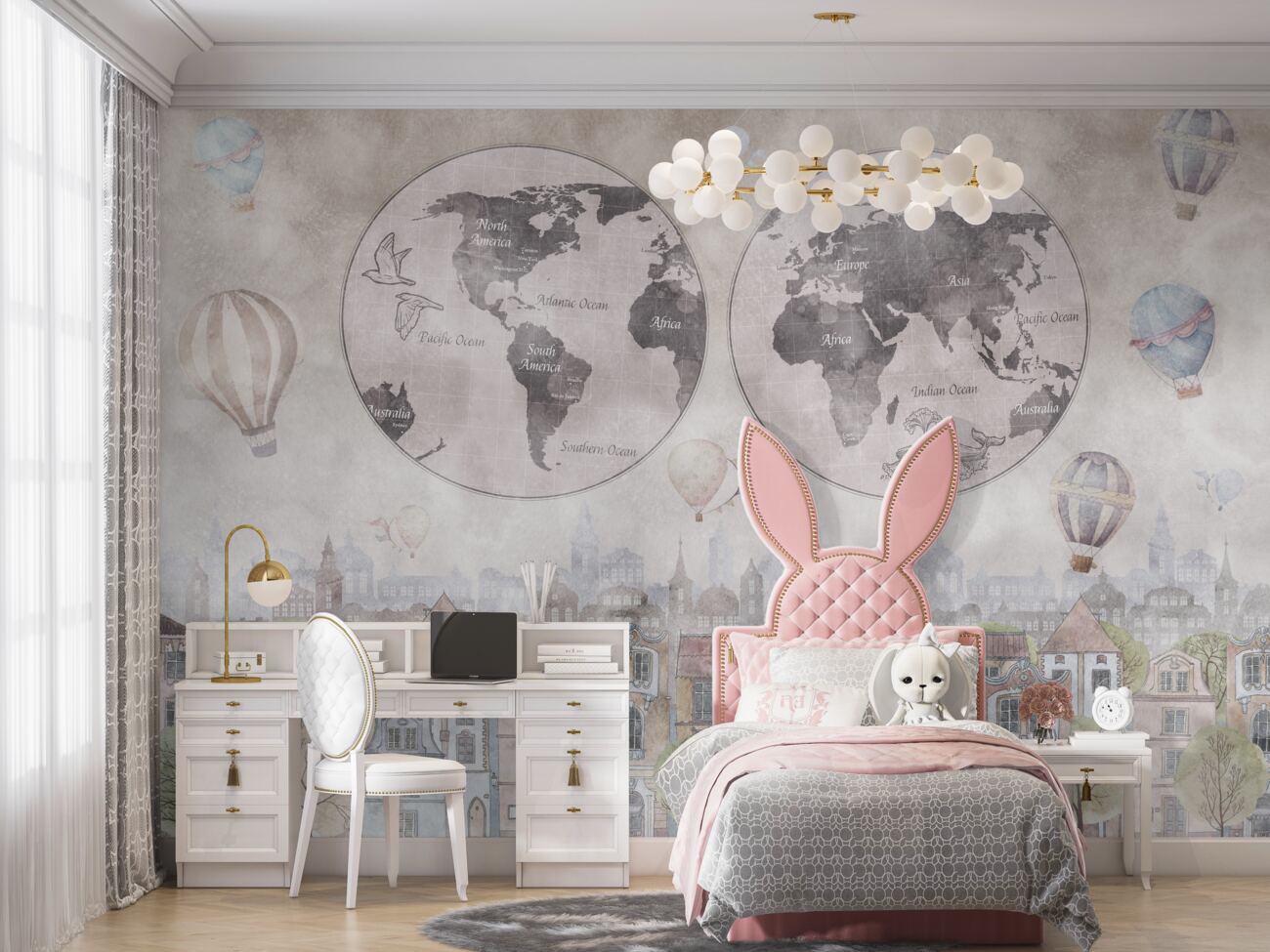 Fototapeta Mapa świata na tle domów i balonów