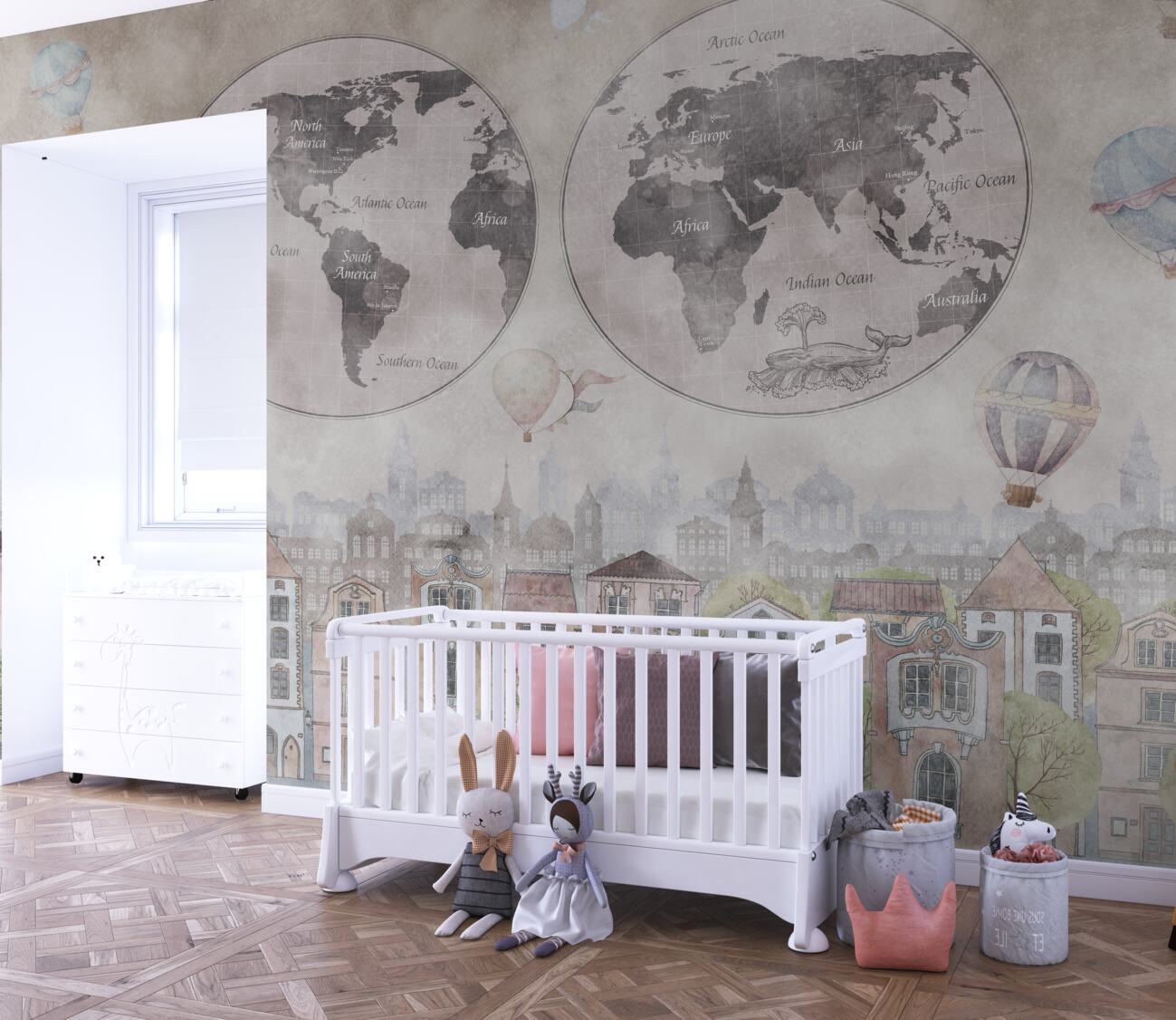 Fototapeta Mapa świata na tle domów i balonów