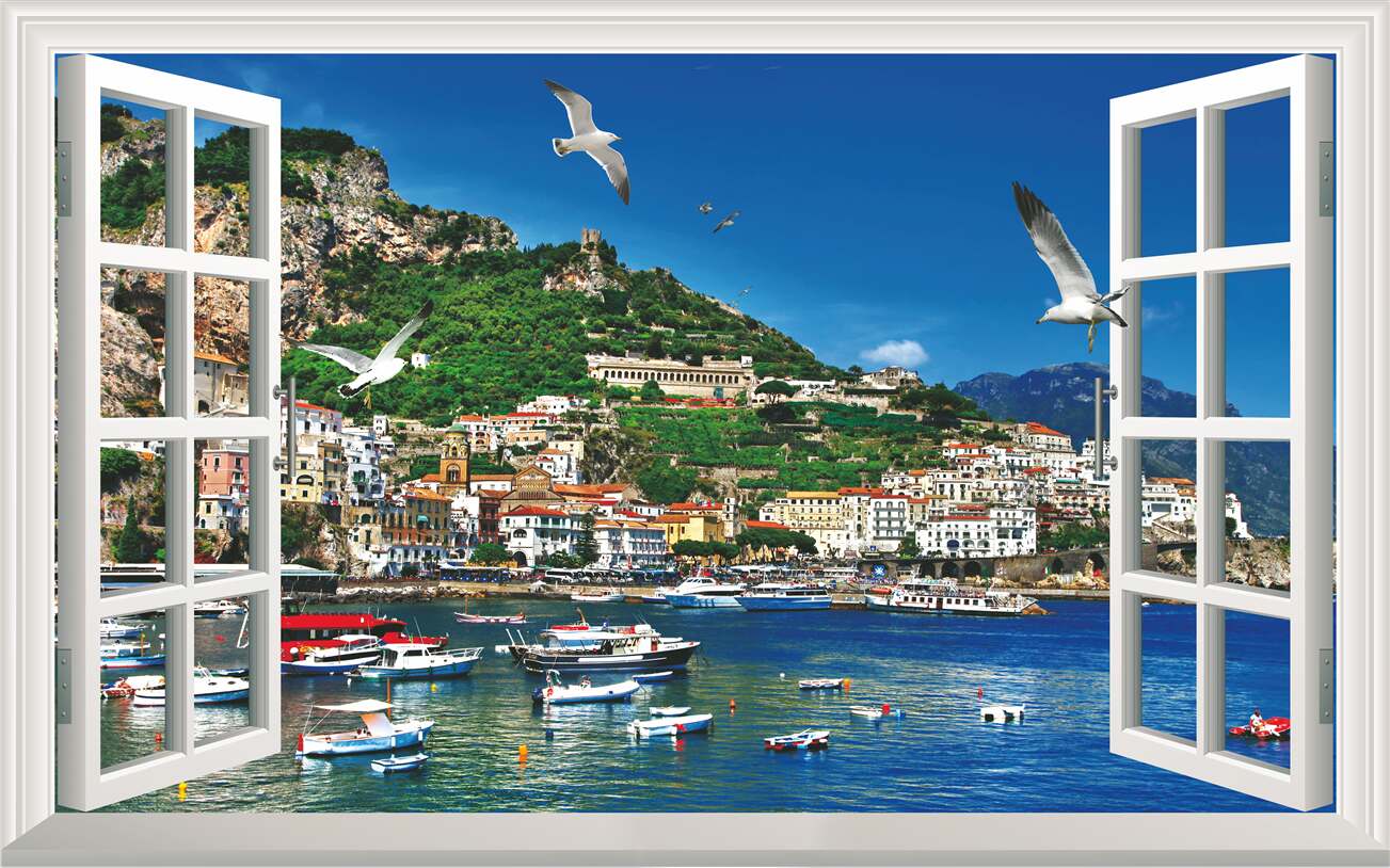 Fototapeta Port Grecji z okna w lecie