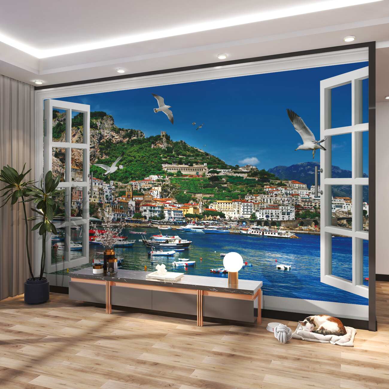 Fototapeta Port Grecji z okna w lecie
