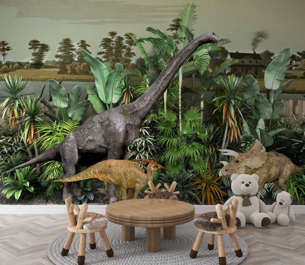 Fototapeta Dinozaury wśród roślin tropikalnych